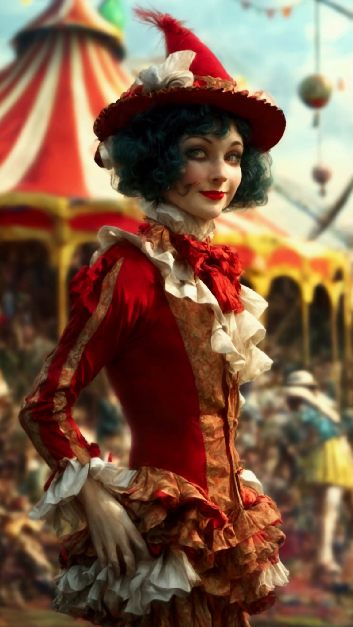 A detailed, old-fashioned circus with clowns, wild animals, and acrobats, 1920s style, bih circus tent in bavkground, highly detailed, dramatic lighting, vivid colors, cinematic composition, beautiful costumes, photorealistic, professional 3D render