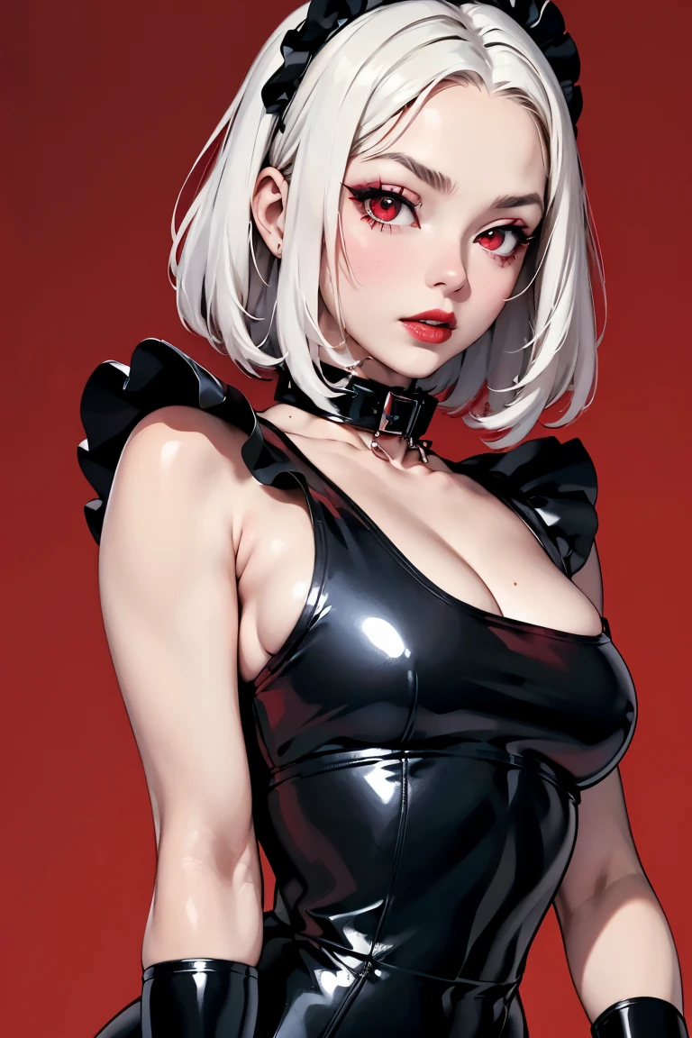 (best lighting) (best quality, masterpiece:1.2), (absurdres), portrait, alluring, ethereal, flirtatious, woman, ((very short, messy, cropped, boyish, white hair), ((red eyes)), (detailed eyes), ((glossy, shiny, red lipstick)), full lips, ((black latex maid outfit)), ((thick, metal collar)), high fashion, (slim),( small breasts), wide hips, bold red background, abstract background, soft lighting, hazy, cinematic