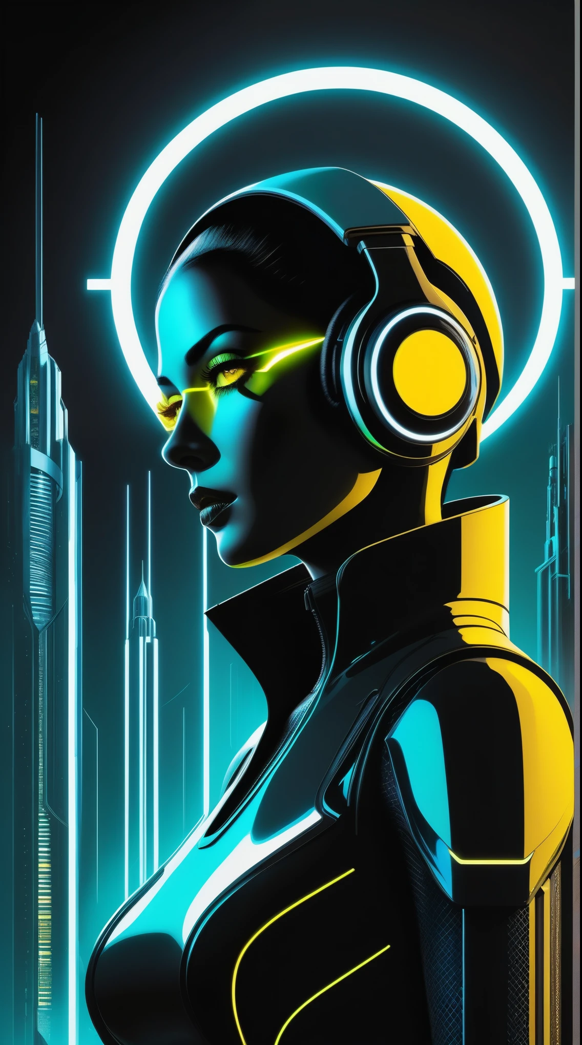 A movie poster illustration in the style of futuristic cyberpunk art, featuring a central female android character with an olive green metallic body. The android stands facing forward with a neutral expression, its smooth, shiny surface reflecting light. She has large, round yellow eyes emitting a soft glow, and wears headphones on her head. Her form is sleek and low-cut, emphasizing her artificial nature with exaggerated features. Surrounding her are dynamic yellow spiral energy fields that create a sense of movement and advanced technology. These concentric rings emanate from her head down to her waist, arms, and legs, forming a halo effect around her upper body and torso. The background showcases tall, cylindrical industrial structures rendered in monochromatic grayscale tones, creating a stark contrast against the black backdrop. These towers feature intricate mechanical details such as pipes, panels, and rivets, adding depth and complexity to the scene. Small circular lights and segments adorn the sides of these towers, resembling circuitry or nodes. Above the android, the title 'METROPOLIS' is prominently displayed in bold, uppercase yellow letters with a retro-futuristic sans-serif font. Below the figure, 'FRITZ LANG 1927' is written in matching yellow letters, extending horizontally across the bottom of the poster. The text extends from the center towards the edges, flanked by extended horizontal lines on either side. A small white watermark reading 'playground.com' is visible in the bottom right corner. The overall composition is symmetrical, centered, and visually striking, with high contrast between the bright yellow elements and the dark background, evoking a mysterious and futuristic mood reminiscent of early 20th-century science fiction cinema.