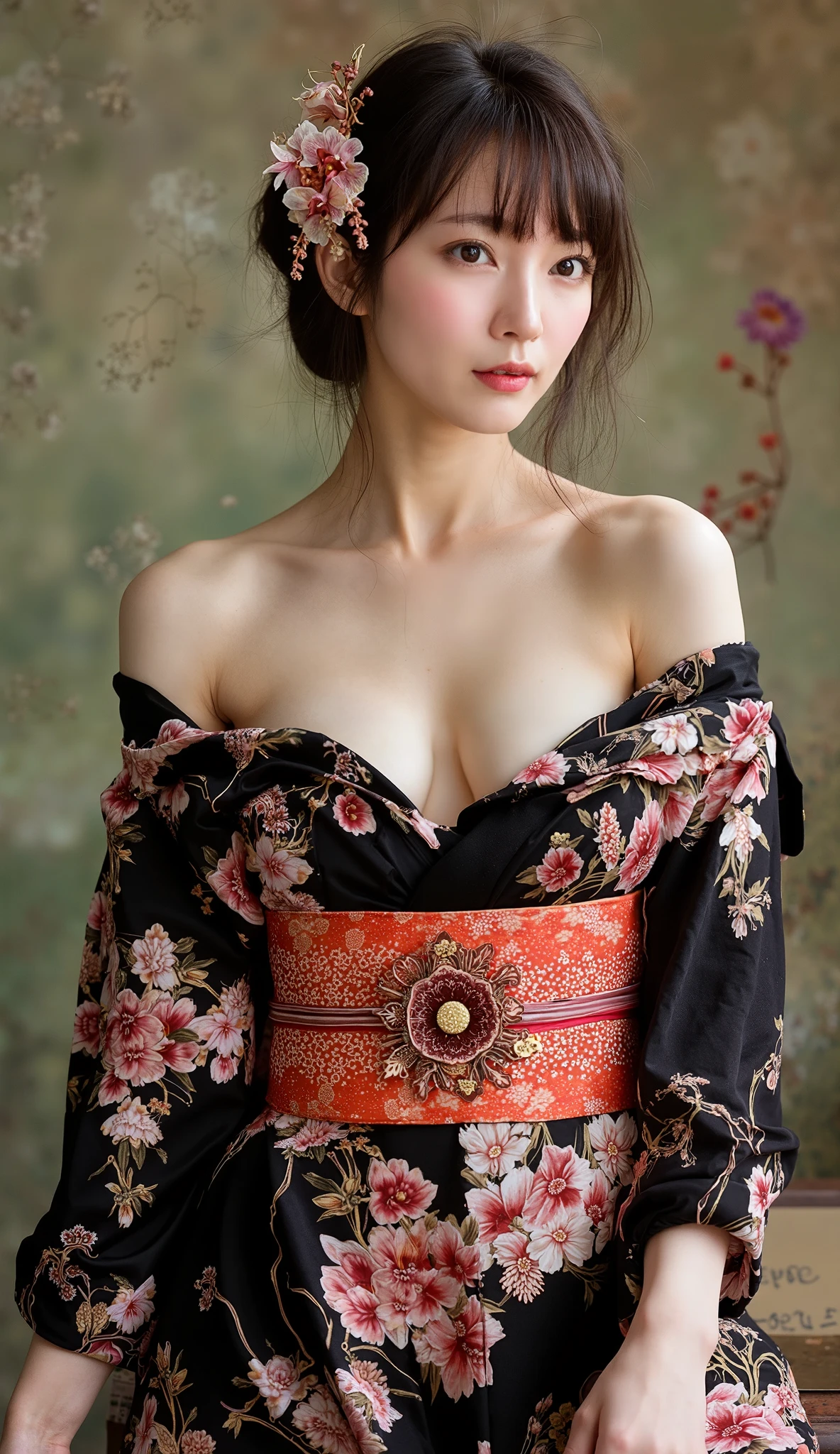 This award-winning image captures the essence of a captivating slender Japanese woman in a dynamic pose.
Photographed in RAW format with professional lighting and a high-resolution camera, this 8K Ultra HD image boasts ultra-realistic photographic detail.
(High Resolution), (8k), (Very Detailed), (Cowboy Shot), (Beautifully Detailed Eyes), (Redeem), (Masterpiece), Well-balanced exposure.
A cute Japanese supermodel woman with a slender figure and anormous G-cup boobs.
Her anormous boobs spill out from her chest.Realistic photos, looking away, Beautiful feet, Masterpiece, (Best Quality), 8k,(((Very detailed))), Race:1.8, Super intricate Race pattern, colorful Race pattern, (Orchid style beautiful and cute floral kimono:1.5), (Both shoulders are exposed:1.3), Black Japanese kimono, Black fabric with floral pattern, Half undressed, 1 female, Open back, Well good, Bare shoulders, Beautiful thighs, , Japanese,  whole body photo , Flower Hairpin, flower arrangement, sultry body with sexy belly, Sexy girl, Young sensual elegance, Sexy body, Sexy look, Very Short Hair, Wavy Hair, feet are exposed, Photographed in a painter&#39;s studio, Hairpin, Intelligent face, looking away, Narrow waist, Large Breasts、Slit eyes, Smile a little, Open your mouth a little, EOS 24ｍｍ F2.8, Blur the background, Lighting the face, Dynamic pose, Thighs, feet, whole body, Beautiful body lines, Fair skin, Artistic Photography, Beautiful soft lighting, beatifulfeet,