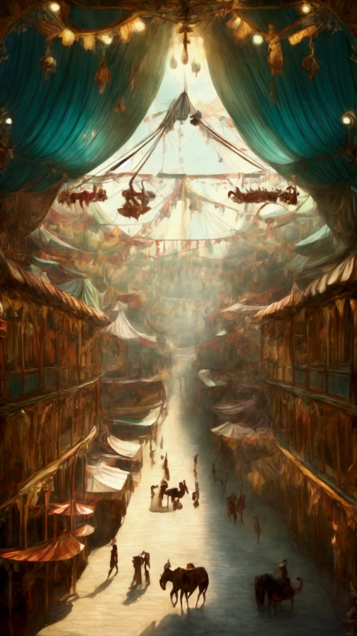 Panoramic view, A detailed, old-fashioned circus with acrobats and wild animals,  1920s style, bih circus tent in bavkground, highly detailed, dramatic lighting, vivid colors, cinematic composition, beautiful costumes, photorealistic, professional 3D render