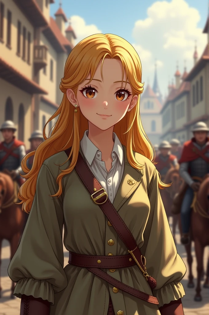 Best Quality, masterpiece,  highest resolution ，cavalry， French Citizens in the Middle Ages，Common People of the French Revolution ，（Medieval town_background）， gold_Hair Color，Beautiful eyes，smug face，Young woman， Anime style , （4K）, Alone，((whole body)) ， Looking at the camera, khaki _Coat，  hyper detail , ( intricate details ),