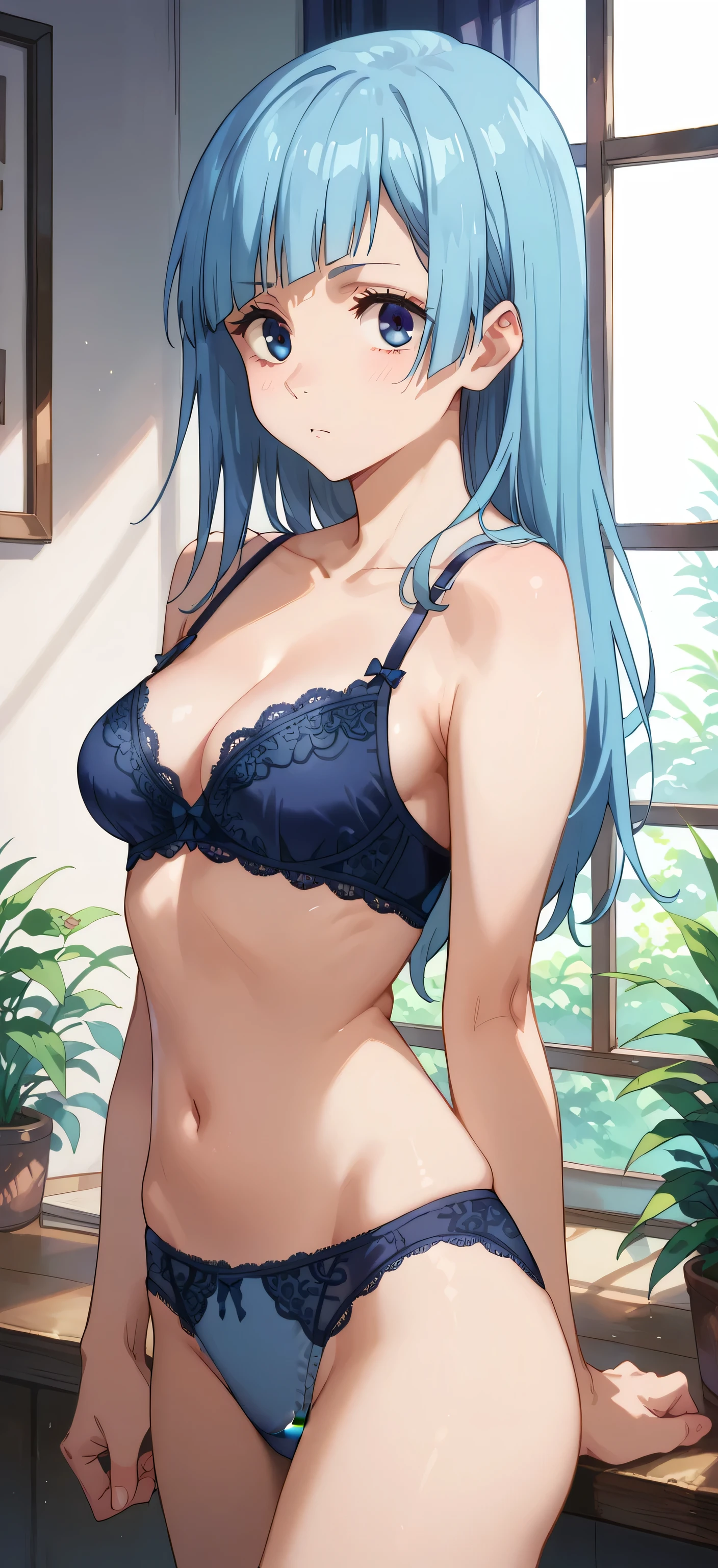 score_9,score_8_up,score_7_up, kasumi miwa, blue hair, medium breasts, 20-year-old, blue lace bra, blue lace lingerie, blue lace panties.