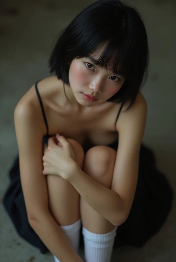 A striking  adult model with a black bob haircut and slightly chubby features poses, age 18, nude, candy-colored wonderland, (((fully naked))), youthful, energetic, playful, posing, by Tim Walker, full body, 