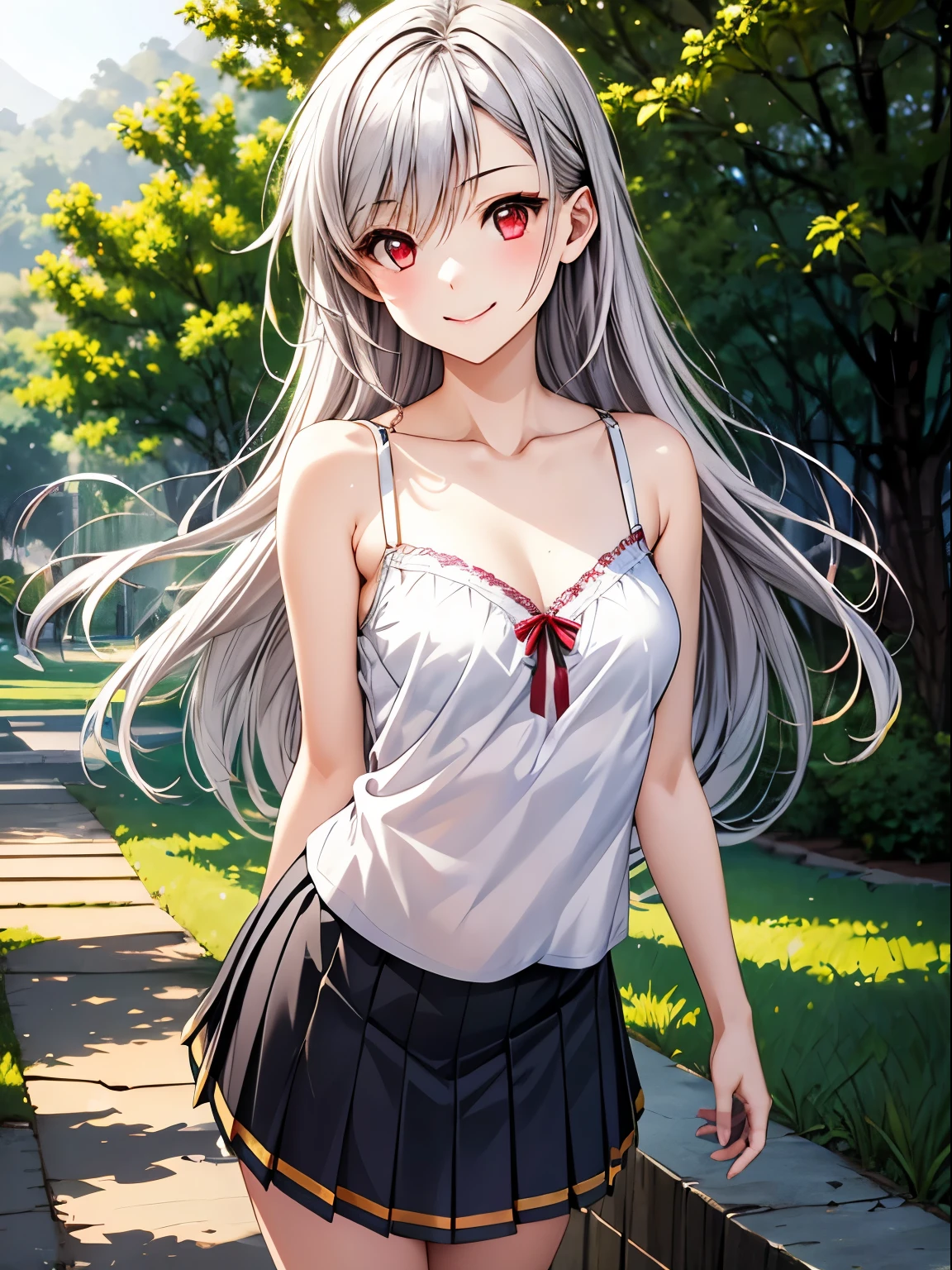  best quality ,  Kampala ,One Girl、Alone、Closed Mouth、smile、 Kampala、( anime illustration style:1.2)、 Inglis Yueks ,solo,Charming red eyes、Shining Eyes:1.2、Attractive silver hair  ,Beautiful long hair、Attractive eyes、stroll,(  camisole、skirt:1.3),(Realistic, Genuine, Genuine的、 Realistic),  best quality 、  cowboy shot,Leaning forward