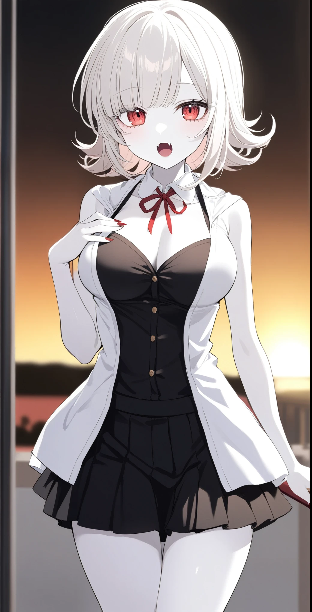 1 Girl、Vampire Chiaki Nanami、 Red Eyes、Fangs growing、high school student、pure white and pale skin、 pure white hair、Midsummer clothes、Midsummer clothing、Height 150〜170 cm or more、Vampire Academy Students、Red nails、slightly pointed nails、Slightly large breasts、The chest is hidden