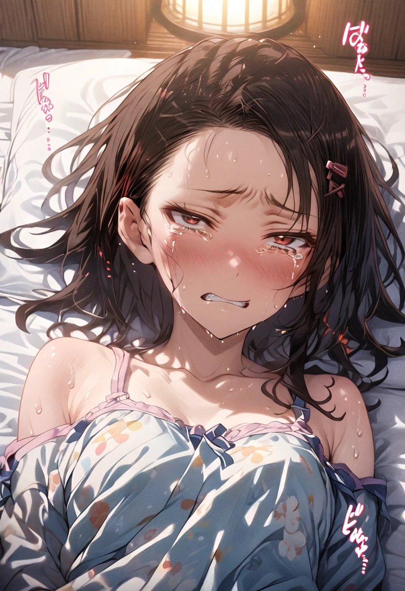 One Girl、Nightwear、Lying on your back、 one-curl bob cut、Best Quality、 Black Hair 、Sweaty body、(Show your forehead)、hairpin、(Half-open eyes)、Japanese sound effects、(Disgust:1.4)、(tears:1.3)、bed、hostel、(night)、 upper body