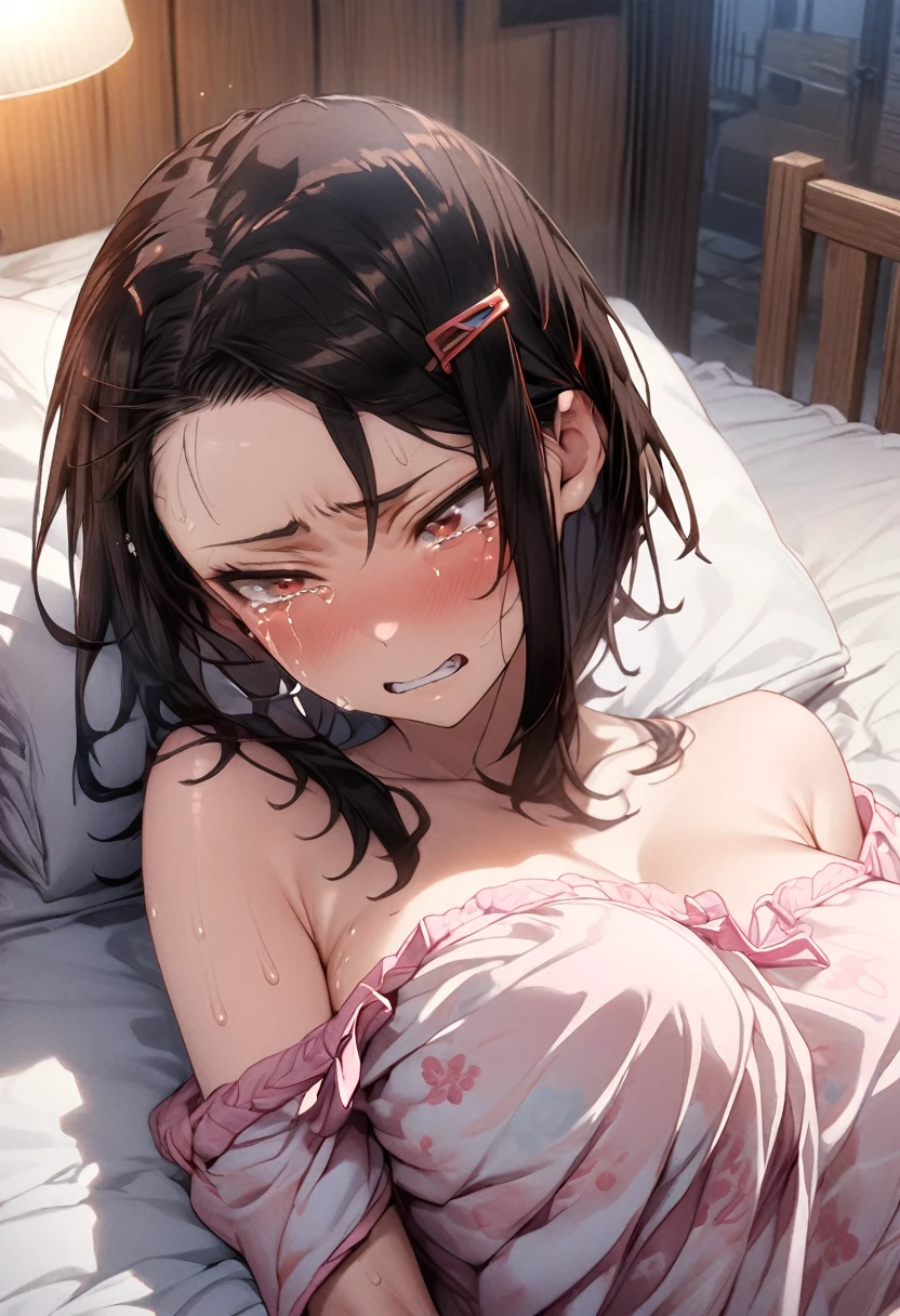 One Girl、Nightwear、Lying on your back、 one-curl bob cut、Best Quality、 Black Hair 、Sweaty body、Big Breasts、(Show your forehead)、hairpin、(Half-open eyes)、Japanese sound effects、(Disgust:1.4)、(tears:1.3)、bed、hostel、(night)、 upper body