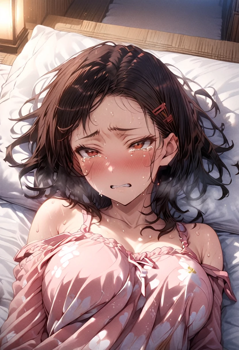 One Girl、(Nightwear)、Lying on your back、 one-curl bob cut、Best Quality、 Black Hair 、Sweaty body、Big Breasts、(Show your forehead)、hairpin、(Half-open eyes)、Japanese sound effects、(Disgust:1.4)、(tears:1.3)、bed、hostel、(night)、 upper body