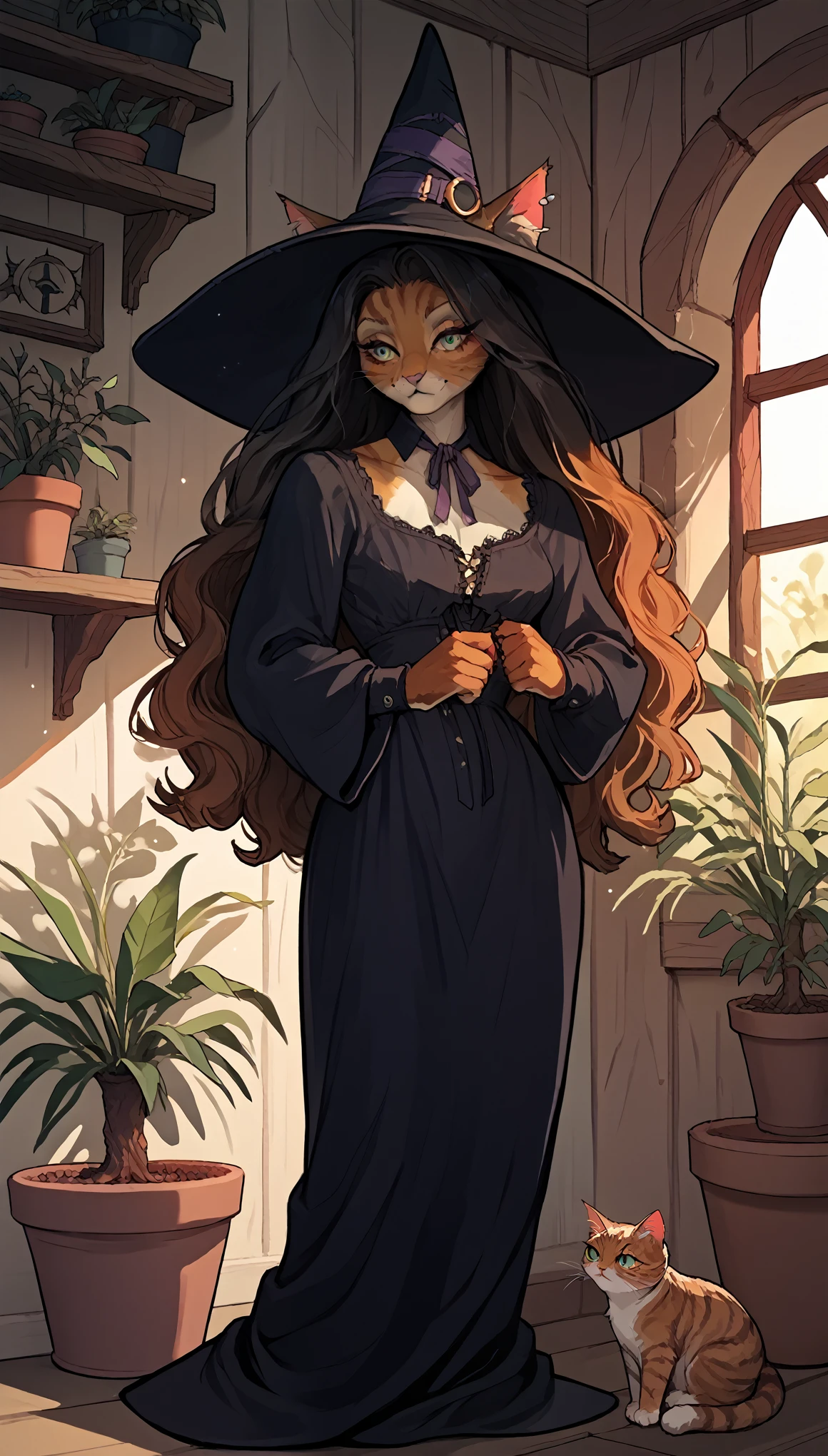 (zPDXL2), (PonyXLV6_Scores), source_anime, source_anthro, source_furry, Expressiveh, three-quarter portrait, asymmetric image, BREAK
t4s14, cat, long hair, witch hat, potted plants, 