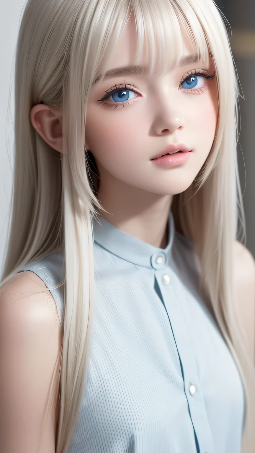 a girl with a beautiful cute face ,beautiful natural platinum blonde hair,Half Body Shot,Beautiful long bangs, beautiful cute bangs between the eyes ,Striped Hair,Round face、Big, incredibly bright, pale light blue eyes that shine so beautifully、Large light-colored eyes、 Pure White Beautiful Skin 、The luster of young cheek skin ,Small face、round face、Beautiful Girl、 extremely beautiful super long straight silky hair、Hair on face、Hair in the eyes