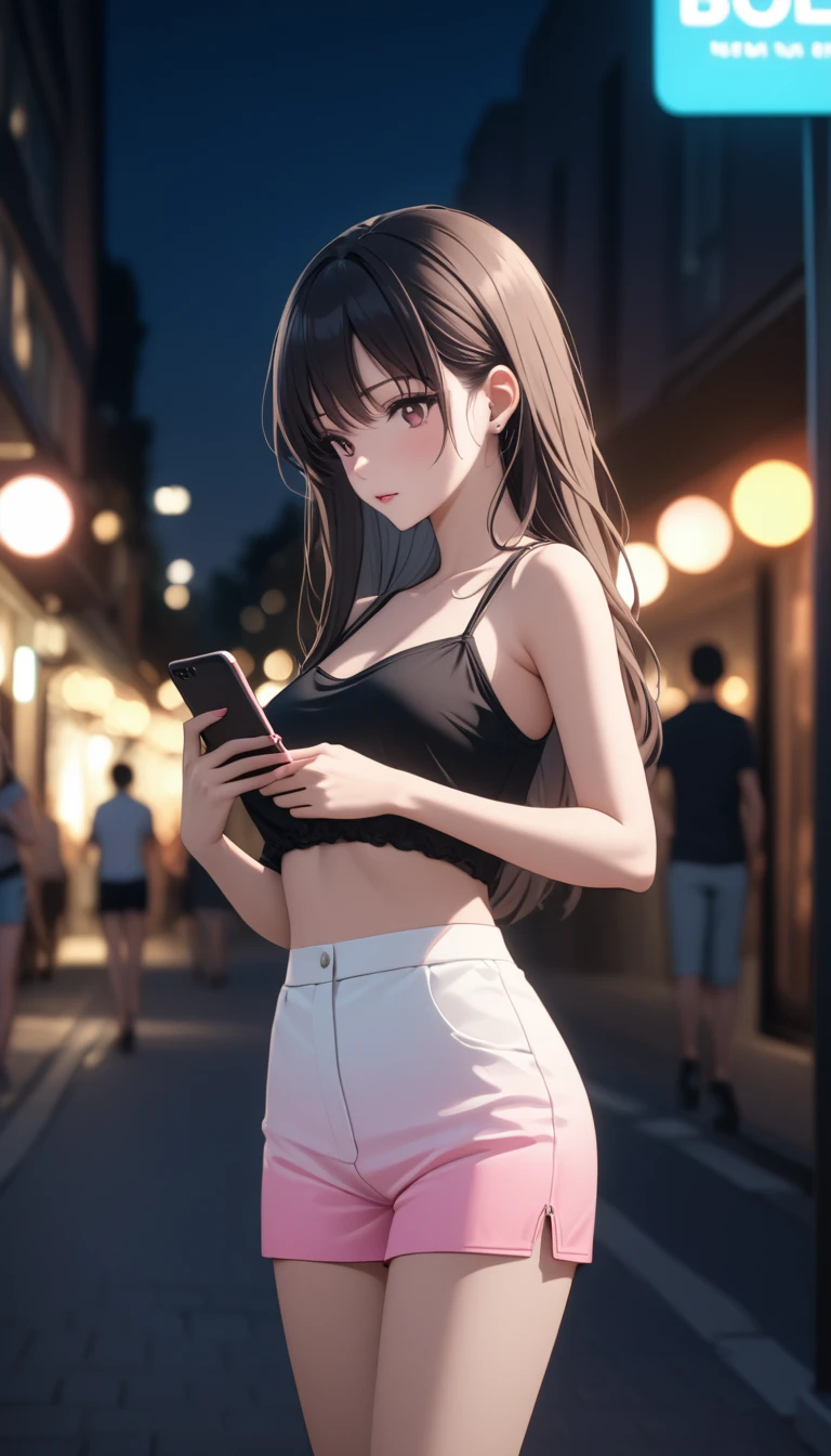 Beautiful woman, street lights at night, Fiddling with smartphones, Hot Pants, black, pink, summer, feel hot, Passersby, night gradient, fine details, Subtle tones, There is a sense of tranquility in the picture. Bokeh, 