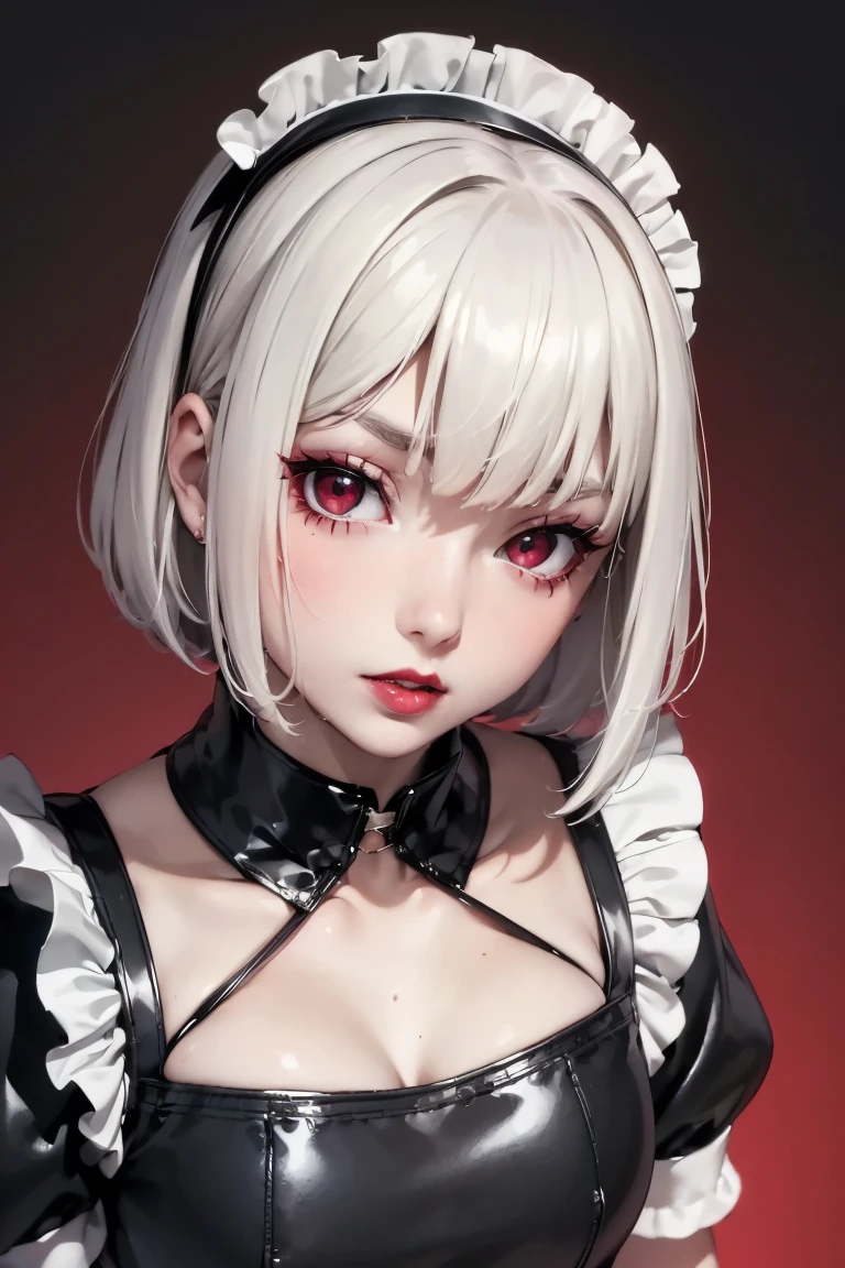 (best lighting) (best quality, masterpiece:1.2), (absurdres), portrait, alluring, ethereal, flirtatious, woman, ((very short, messy, cropped, boyish, white hair), ((red eyes)), (detailed eyes), ((glossy, shiny, red lipstick)), full lips, ((black latex maid outfit)), ((thick, metal collar)), high fashion, (slim),( small breasts), wide hips, bold red background, abstract background, soft lighting, hazy, cinematic