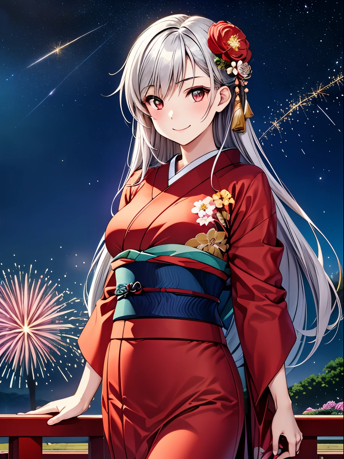  best quality ,  Kampala ,One Girl、Alone、( anime illustration style:1.2),Closed Mouth、smile、 Kampala、 Inglis Yueks ,solo,Charming red eyes、Shining Eyes:1.2、Attractive silver hair 、Beautiful long hair、 attractive look 、(Cherry blossoms at night 、Starry Sky)、firework、(Large flowers blooming in the night sky_firework:1.5)、Attractive eyes、stroll,(Japanese Kimono:1.3),(Realistic, Genuine, Genuine的、Realistic),  best quality 、  cowboy shot,Hands Behind Back、
