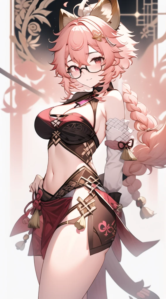 white hair, single side braid, ahoge, fox tail, wrench_genshin_style, joyful, gold sarashi, embroidered, cleavage cutout, cleavage cutout, velvet, piercing, pink-framed eyewear, musical note print, triangle print, navel cutout,