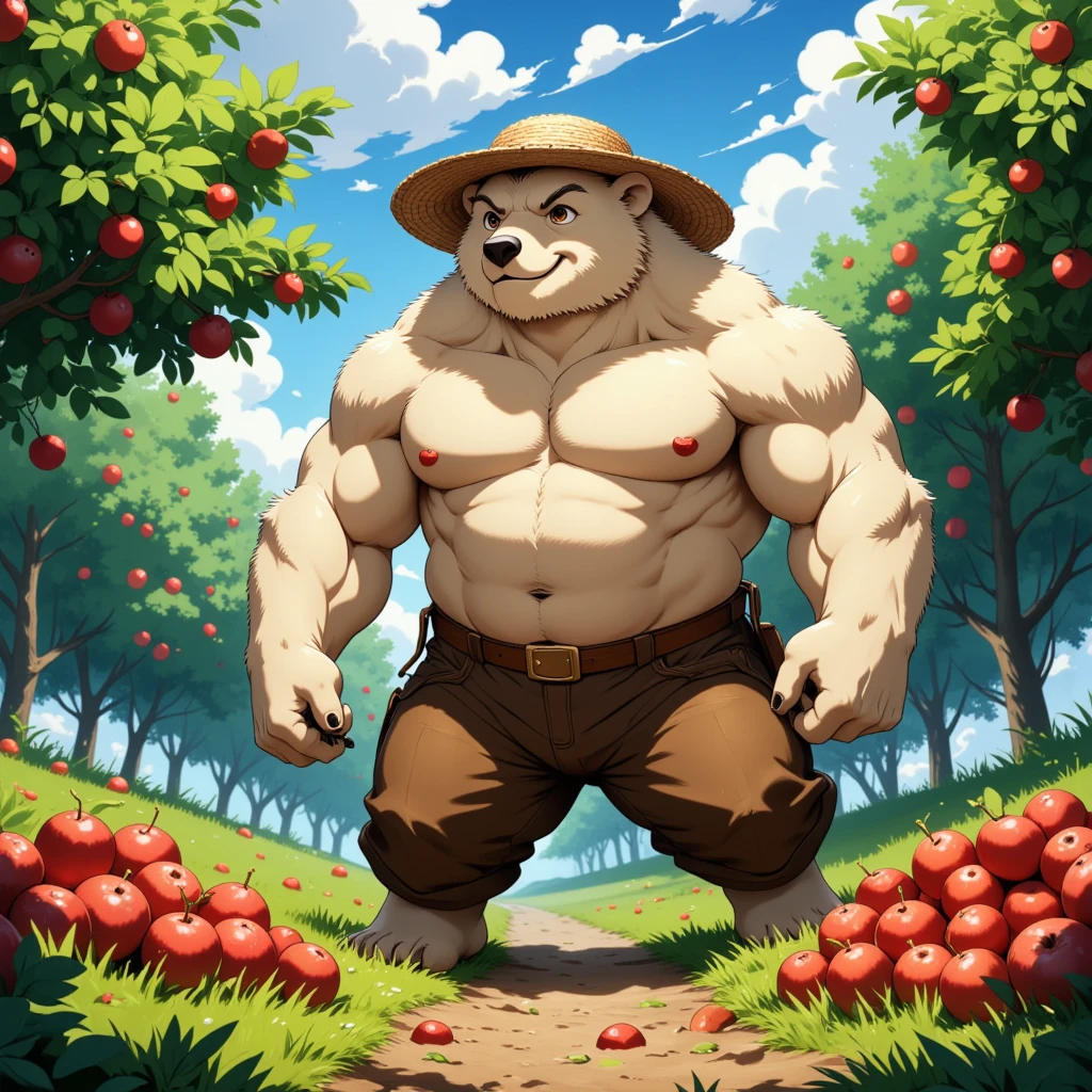 character focus, full body, looking away, dynamic angle, farmer, a musclegut middle-aged polar bear man, full body in Michelangelo Buonarroti style, housamo style, digital illustration anime, niji6, BREAK happy, little smile, clothed, costume, straw hat, shirt, pants, sweet apple, harvesting fruits, dynamic pose, detailed painting landscape, morning, a grove of trees wordnet, tall sweet apple trees, outdoor, full color, HDR, BREAK complete anatomy, perfect proportions, beautiful thigh gap, fluffy body, intricate fur details, beautiful fur texture, BREAK a detailed polar bear 1tail, detailed toe, 5toes, 5toes nails, beautiful foot, detailed hands, 5fingers, 5fingers nails, BREAK anime face, insanity detailed face, male face, big face, square jawline, anime intense eyes, detailed brown eyes, detailed brown cornea, detailed dark brown irises, detailed pupils, male eyes, male eyebrows, beautiful beard, BREAK masterpiece, official art, best quality, very aesthetic, absurdres, super fine illustration, great quality, BREAK noise reduction, very highres, large filesize, high quality, 32K, 8k wallpaper, dynamic lighting, BREAK insanity detailed, ultra detailed, intricate details, extremely detailed, detailed texture, an extremely delicate and beautiful, BREAK e621 illustration, osukemo, kemohomo, anthropomorphic, furry, harmonious body, pastoral face, virtuous eyes, harvesting atmosphere