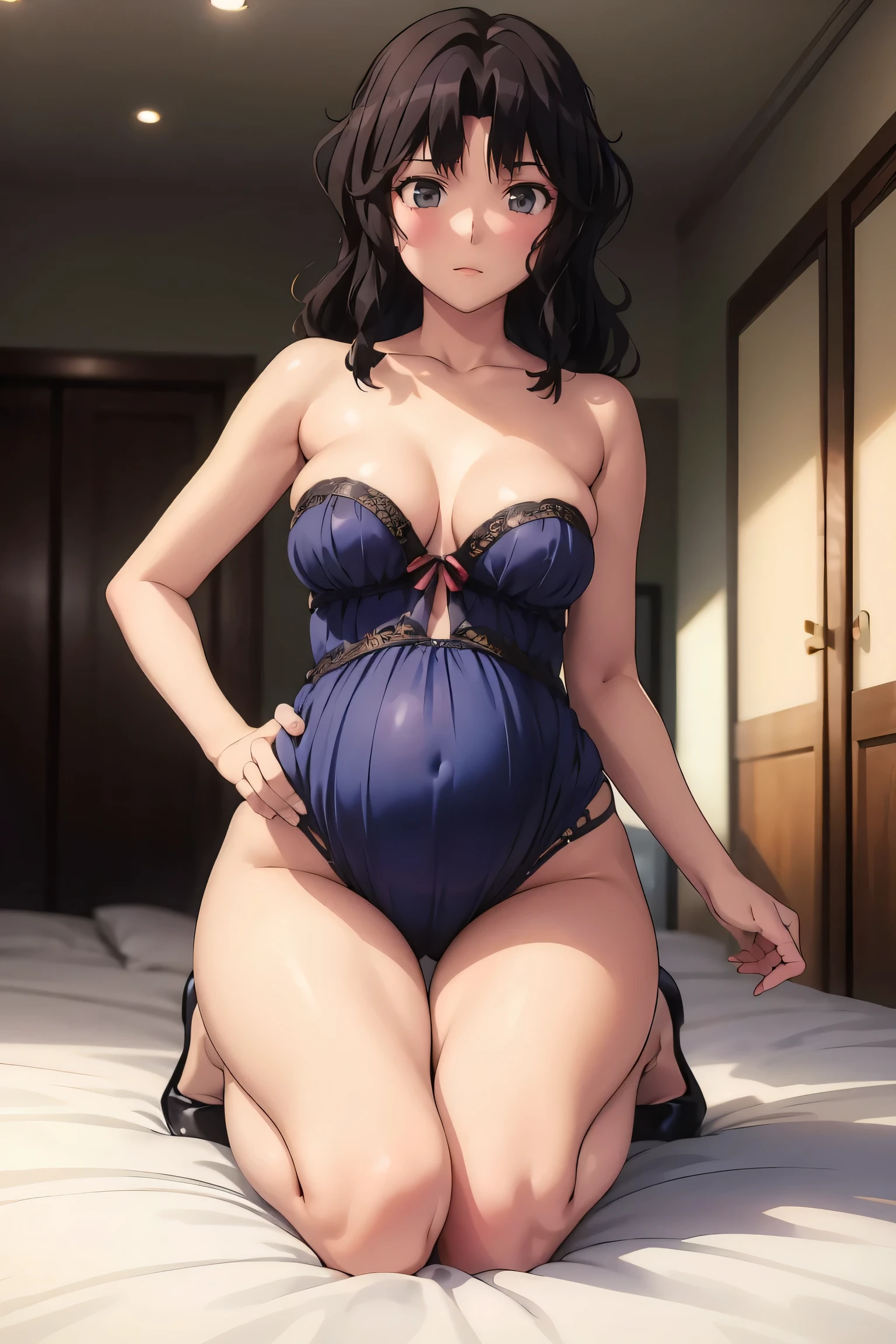 high quality、、Ultra-high resolution 4K、 Beautiful image quality at  、Realistically detailed 、Full body details、  model-like style  、beautiful beauty、 glamorous body 、Detailed waist curve、 are as cute as idols、 very sexy lingerie 、Sexy lingerie decorated with ribbons、The ribbon is cute、  A cup breasts、 small chest size 、、Young Face、  Realistic Skin Texture  、Beautiful body、The woman seems to be seducing us..、 women are sexy and provocative in maternity nudes、The woman is pregnant、The woman has a big belly、A motherly look、Put your hands on your stomach 、The woman has a surprised look、