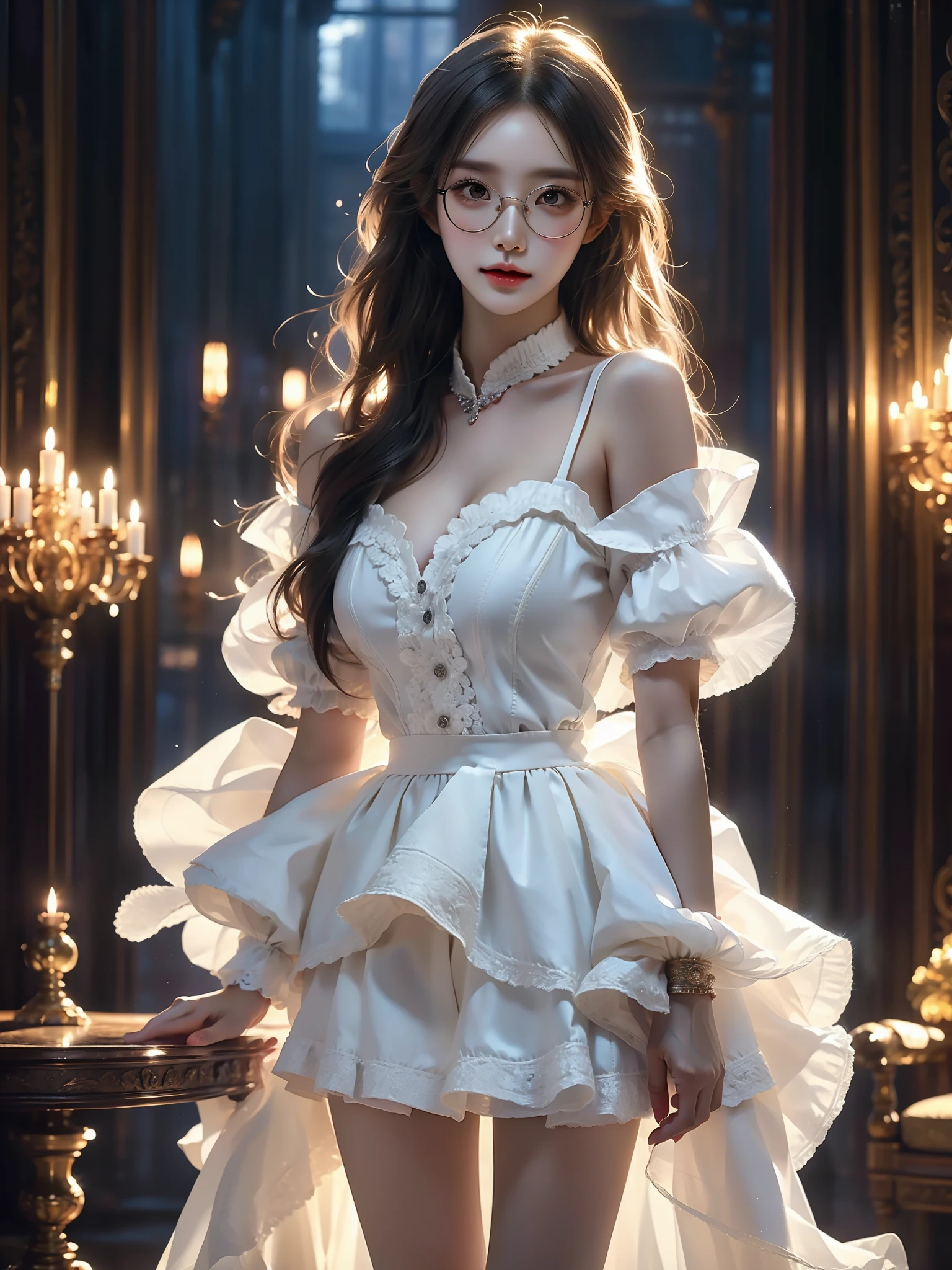 glasses, (Asian beauty), ((full body)), ((Natural and elegant posture)), (night, starry sky, space scene), (slim athletic figure: 1.1), (visible cleavage: 0.8), (smooth skin, no deformities: 1.2), nvshen, relaxed posture, Sexy long legs, The hemlines are short, head tilted, charming smile, hands gently lifted hemline, long shaggy hair flowing, delicate features: (large bright eyes, long eyelashes: 1.1), mouth slightly upturned, expression gentle and confident, (fidelity: 1.1) 1.2), high detail, soft lighting, warm tones