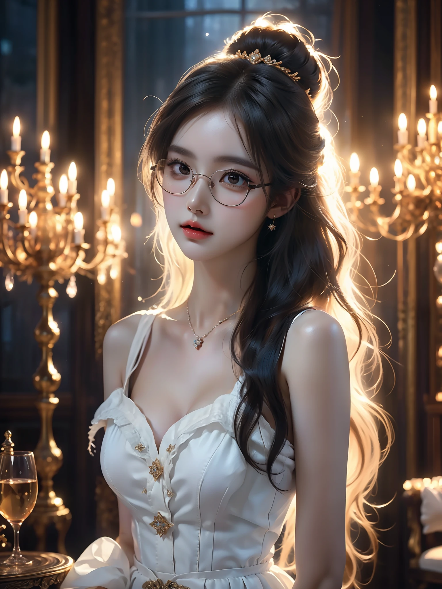 glasses, (Asian beauty), ((full body)), ((Natural and elegant posture)), (night, starry sky, space scene), (slim athletic figure: 1.1), (visible cleavage: 0.8), (smooth skin, no deformities: 1.2), nvshen, relaxed posture, Sexy long legs, The hemlines are short, head tilted, charming smile, hands gently lifted hemline, long shaggy hair flowing, delicate features: (large bright eyes, long eyelashes: 1.1), mouth slightly upturned, expression gentle and confident, (fidelity: 1.1) 1.2), high detail, soft lighting, warm tones