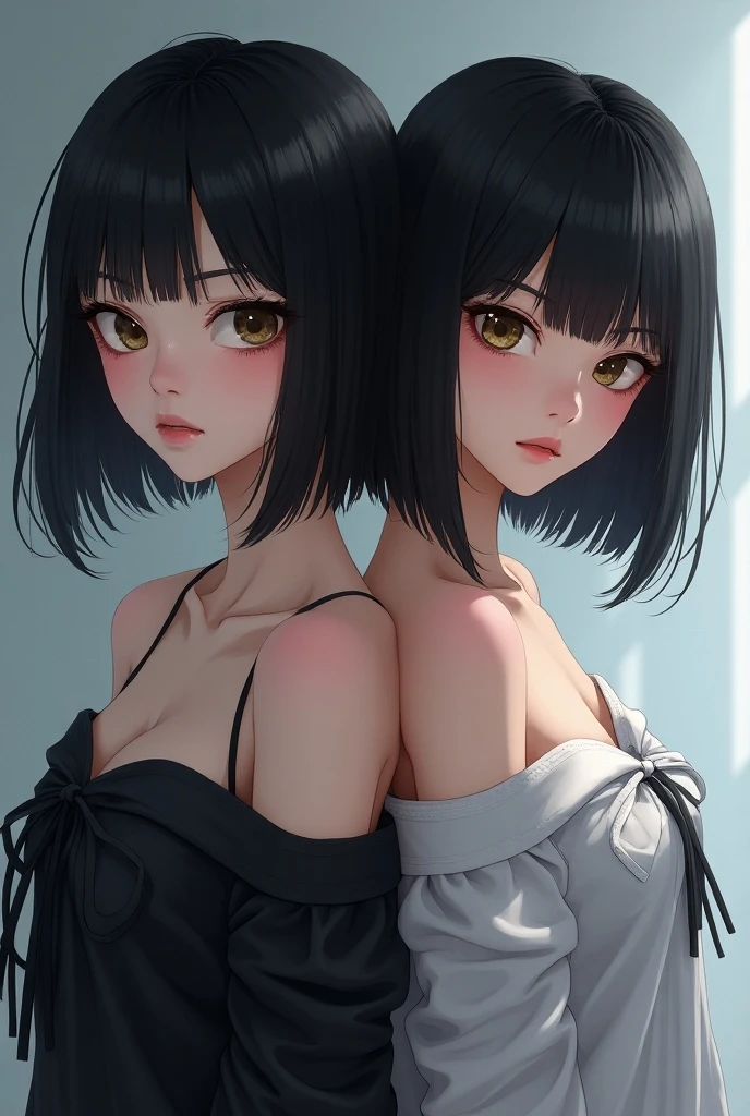 neat girl is beautiful japanese female and beautiful russian female mixed race only in the face age is 17 features of the whole body black hair medium straight bob cut hair style beautiful small face with short eyelashes boyish eyes only high nose dark blue pupils very thin upper lip milky white skin accurate attractive body shape beautiful bust waist hip s thighs knees legs choker and tie on neck shirt with collar