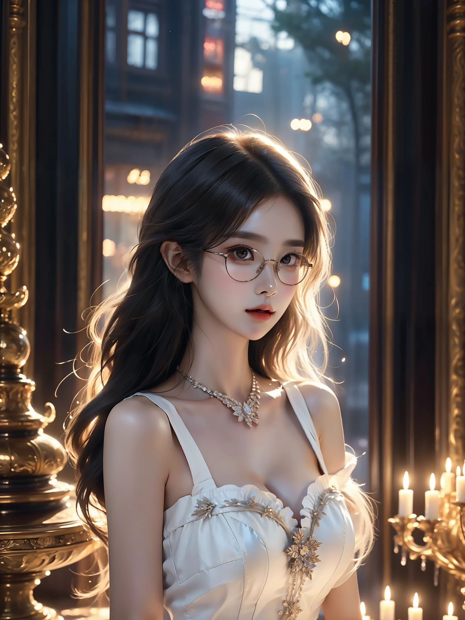 glasses, (Asian beauty), ((full body)), ((Natural and elegant posture)), (night, starry sky, space scene), (slim athletic figure: 1.1), (visible cleavage: 0.8), (smooth skin, no deformities: 1.2), nvshen, relaxed posture, Sexy long legs, The hemlines are short, head tilted, charming smile, hands gently lifted hemline, long shaggy hair flowing, delicate features: (large bright eyes, long eyelashes: 1.1), mouth slightly upturned, expression gentle and confident, (fidelity: 1.1) 1.2), high detail, soft lighting, warm tones