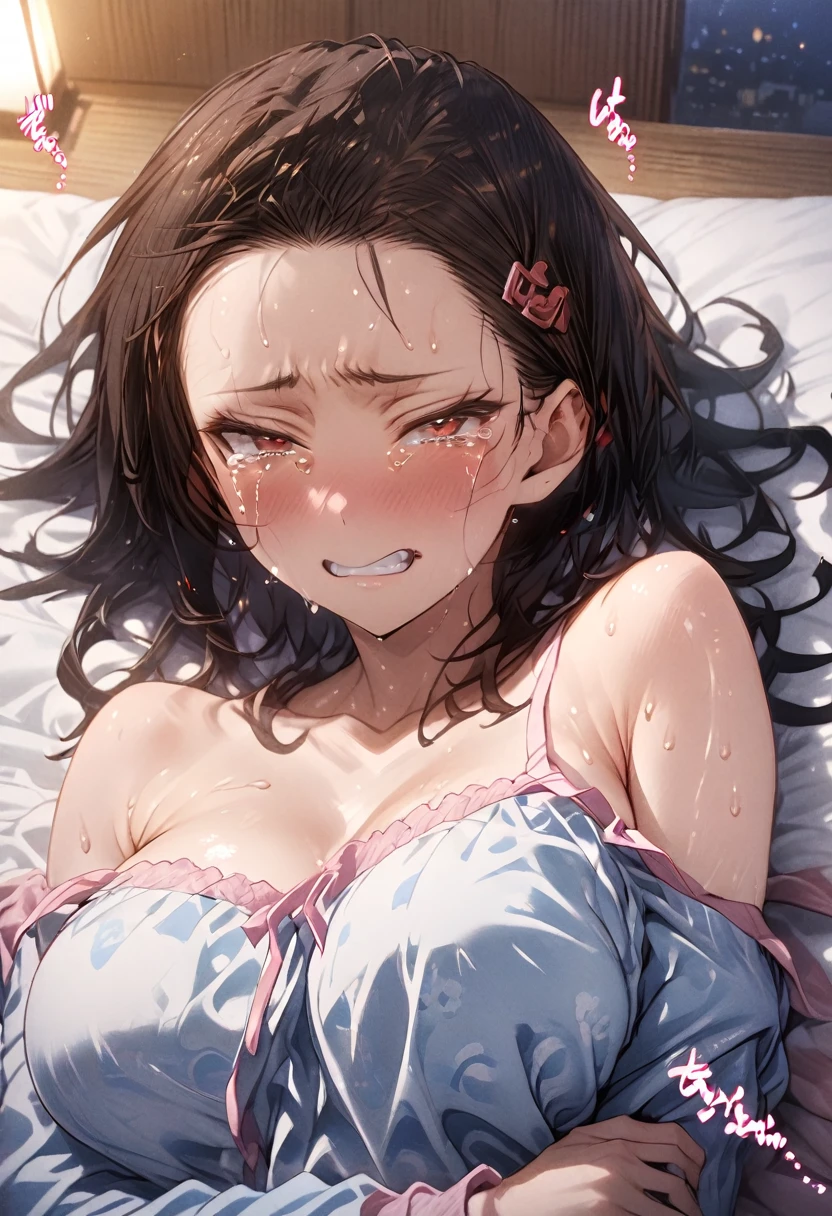 One Girl、Nightwear、Lying on your back、 one-curl bob cut、Best Quality、 Black Hair 、Sweaty body、Big Breasts、(Show your forehead)、hairpin、(Half-open eyes)、Japanese sound effects、(Disgust:1.4)、(tears:1.3)、bed、hostel、(night)、 upper body、Grin