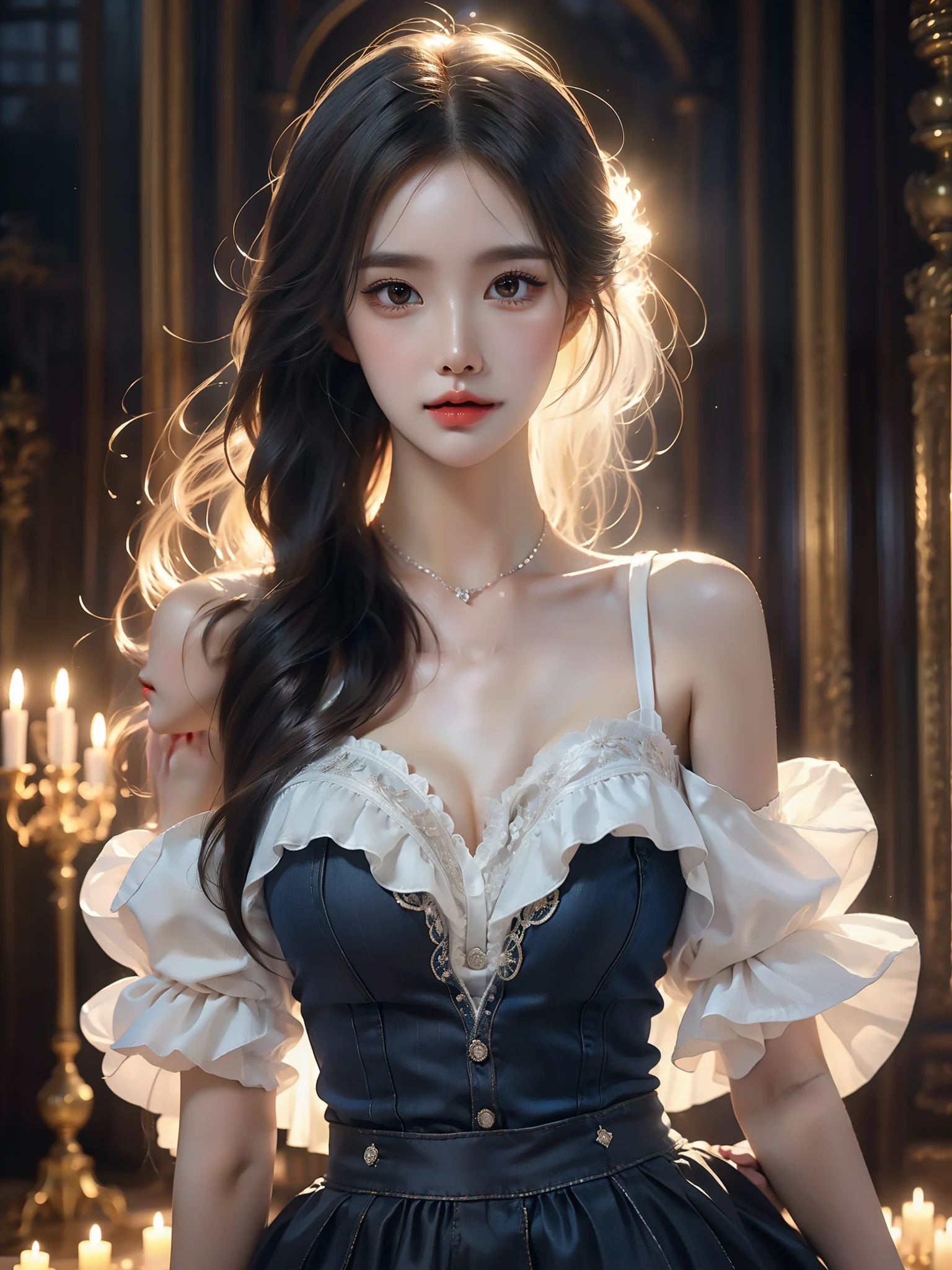 , (Asian beauty), ((full body)), ((Natural and elegant posture)), (night, starry sky, space scene), (slim athletic figure: 1.1), (visible cleavage: 0.8), (smooth skin, no deformities: 1.2), nvshen, relaxed posture, Sexy long legs, The hemlines are short, head tilted, charming smile, hands gently lifted hemline, long shaggy hair flowing, delicate features: (large bright eyes, long eyelashes: 1.1), mouth slightly upturned, expression gentle and confident, (fidelity: 1.1) 1.2), high detail, soft lighting, warm tones