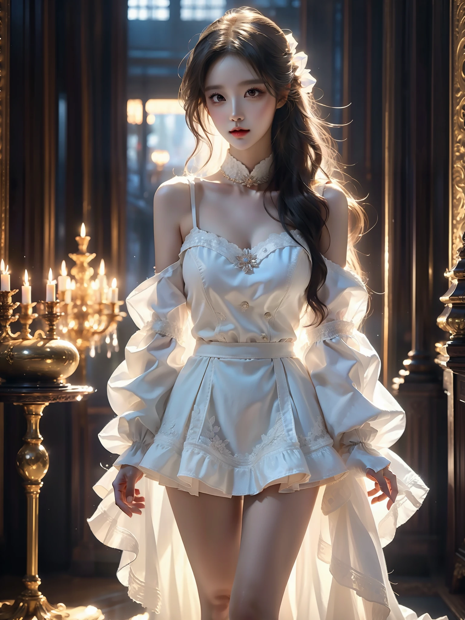 , (Asian beauty), ((full body)), ((Natural and elegant posture)), (night, starry sky, space scene), (slim athletic figure: 1.1), (visible cleavage: 0.8), (smooth skin, no deformities: 1.2), nvshen, relaxed posture, Sexy long legs, The hemlines are short, head tilted, charming smile, hands gently lifted hemline, long shaggy hair flowing, delicate features: (large bright eyes, long eyelashes: 1.1), mouth slightly upturned, expression gentle and confident, (fidelity: 1.1) 1.2), high detail, soft lighting, warm tones