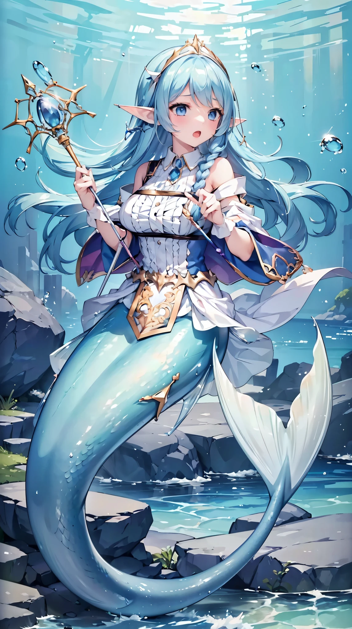 (masterpiece, best quality),(Full fingers),A girl, blue hair ,Elf ears, blue eyes, alone, big breasts ,Mermaid,蓝色的Mermaid尾巴,Full body photo,charming face(Kawaii, charming,Soft),(Underwater:1.2),Open your mouth,Holding a magic wand