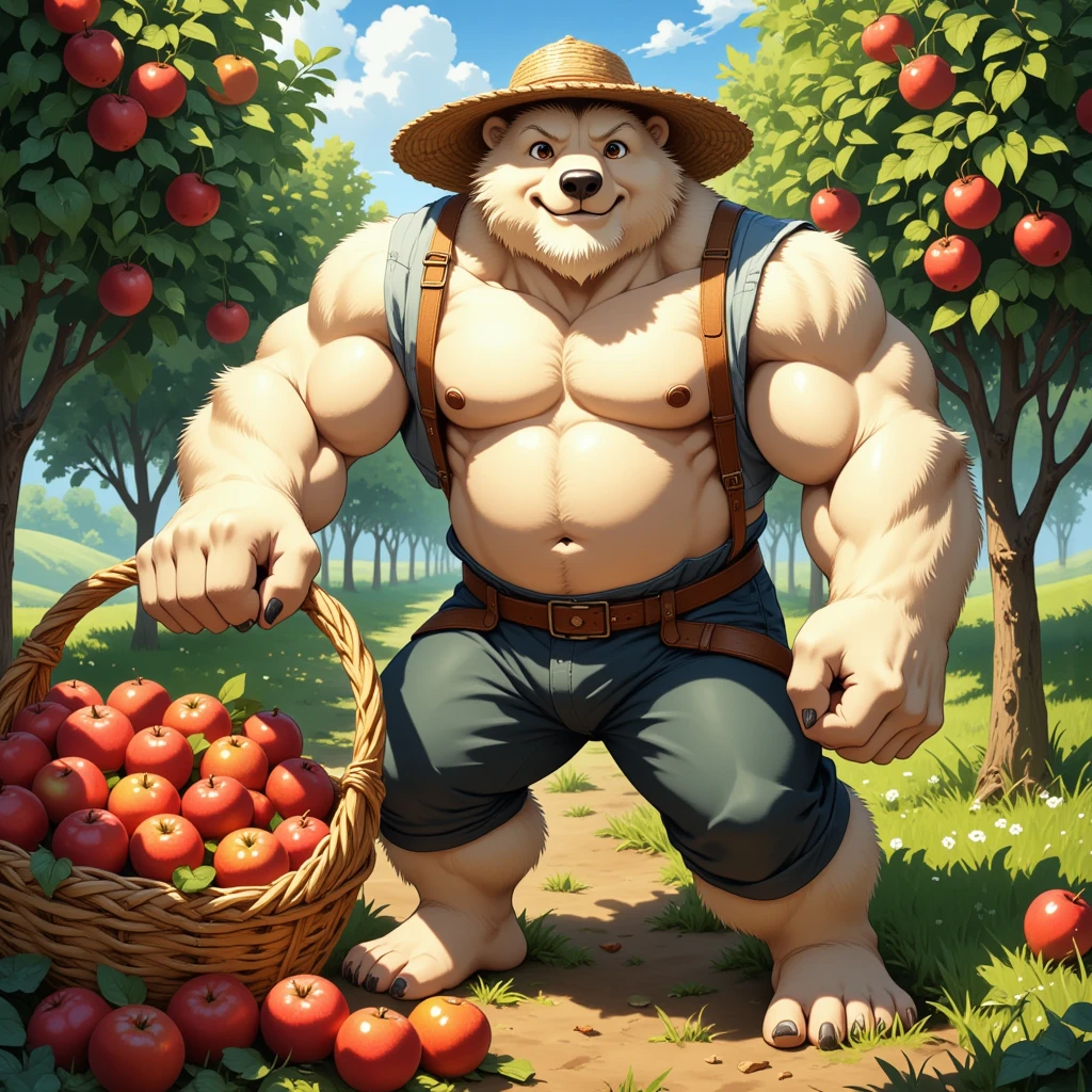 character focus, full body, looking away, dynamic angle, farmer, a musclegut middle-aged polar bear man, full body in Michelangelo Buonarroti style, housamo style, digital illustration anime, niji6, BREAK happy, little smile, clothed, wear, straw hat, shirt, pants, sweet apple, harvesting fruits, dynamic pose, detailed painting landscape, morning, a grove of trees wordnet, tall sweet apple trees, outdoor, full color, HDR, BREAK complete anatomy, perfect proportions, beautiful thigh gap, fluffy body, intricate fur details, beautiful fur texture, BREAK a detailed polar bear 1tail, detailed toe, 5toes, 5toes nails, beautiful foot, detailed hands, 5fingers, 5fingers nails, BREAK anime face, insanity detailed face, male face, big face, square jawline, anime intense eyes, detailed brown eyes, detailed brown cornea, detailed dark brown irises, detailed pupils, male eyes, male eyebrows, beautiful beard, BREAK masterpiece, official art, best quality, very aesthetic, absurdres, super fine illustration, great quality, BREAK noise reduction, very highres, large filesize, high quality, 32K, 8k wallpaper, dynamic lighting, BREAK insanity detailed, ultra detailed, intricate details, extremely detailed, detailed texture, an extremely delicate and beautiful, BREAK e621 illustration, osukemo, kemohomo, anthropomorphic, furry, harmonious body, pastoral face, virtuous eyes, harvesting atmosphere