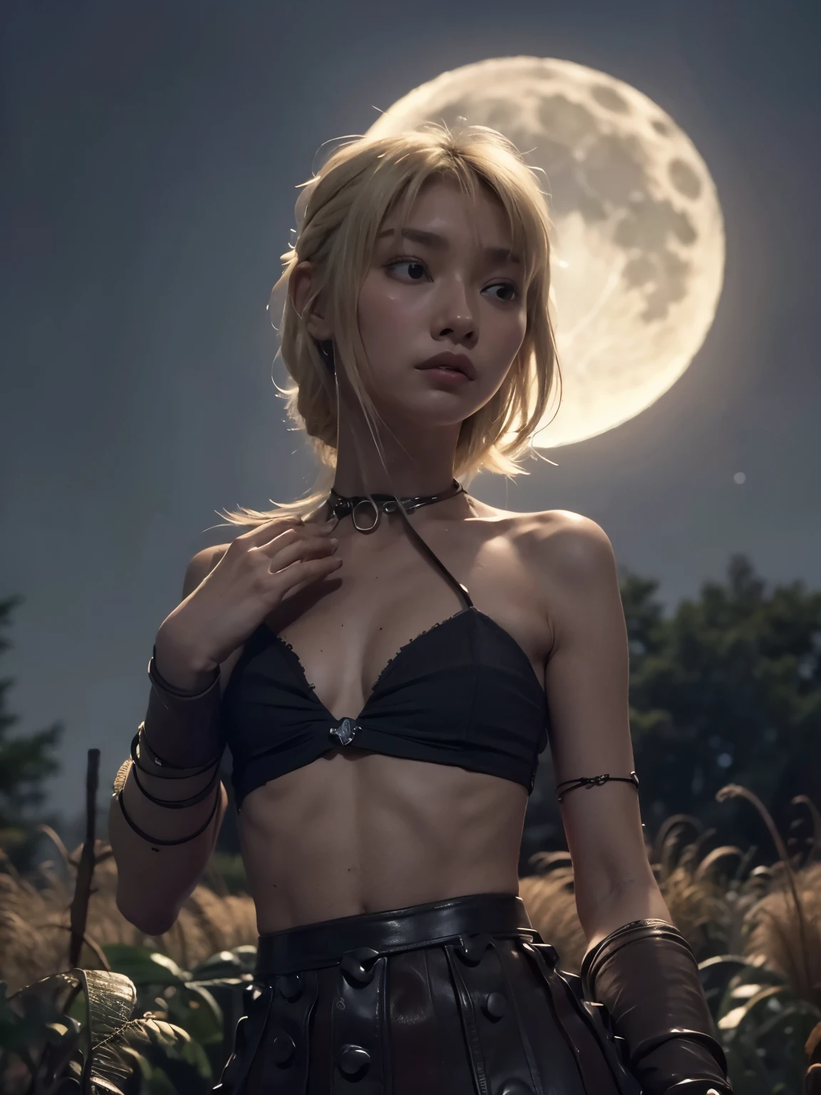 Astrid, thin body, small bust , mini skirt, medias negras, cabin, night, starry neck , full moon, a hand on his chest