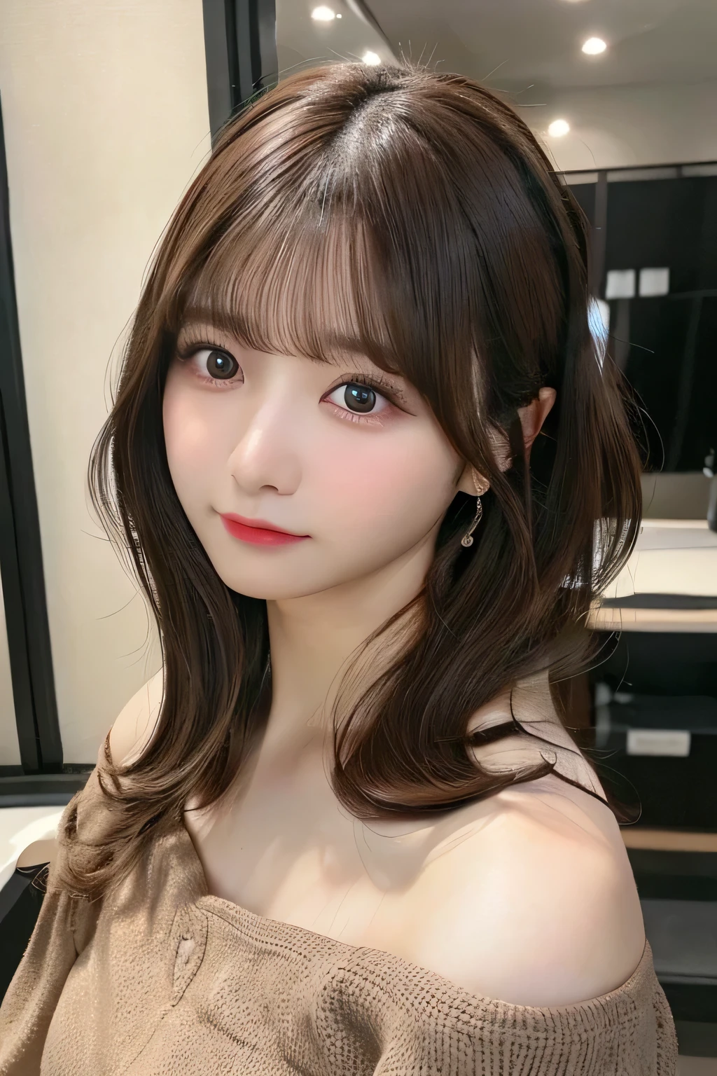 Masterpiece,best quality,high quality,detailed,ultra detailed.4K/8k,Full-HD,high resolution１gitl, medium(Whiting hair 、Brown Hair、 Japanese idol in her 20s、Plump Cheeks、Natural eyelashes 、Off-shoulder top、indoor