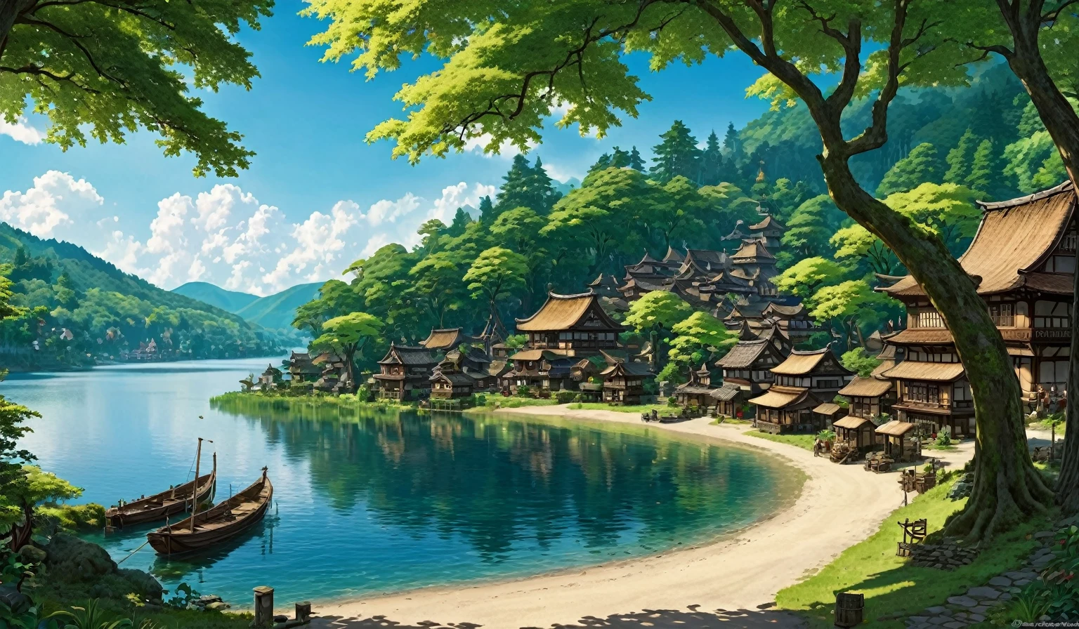 ((hight quality)), ((isekai)), ((fishing village)), ((medieval fantasy)), ((antique village)), ((age-old architecture)), ((huge lake)),((lake shore)), forest, ((large lake)), ((japanese houses)), ((many houses)), ((many shops)), ((adventurers in the streets)), ((fantastic vegetation)), ((fantastic trees)), ((trees from another world)), ((mushrooms tree size))