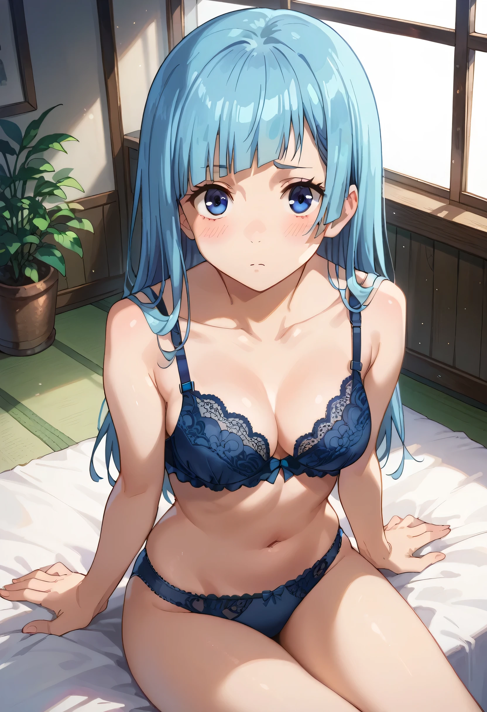 1girl, solo, detailed face, SuiseiSummer, side ponytail, hololive summer 2023 swimsuit, layered bikini, blue bikini, striped bikini, bikini shorts,nsfw,indoor,sweating,thighhighs,wariza