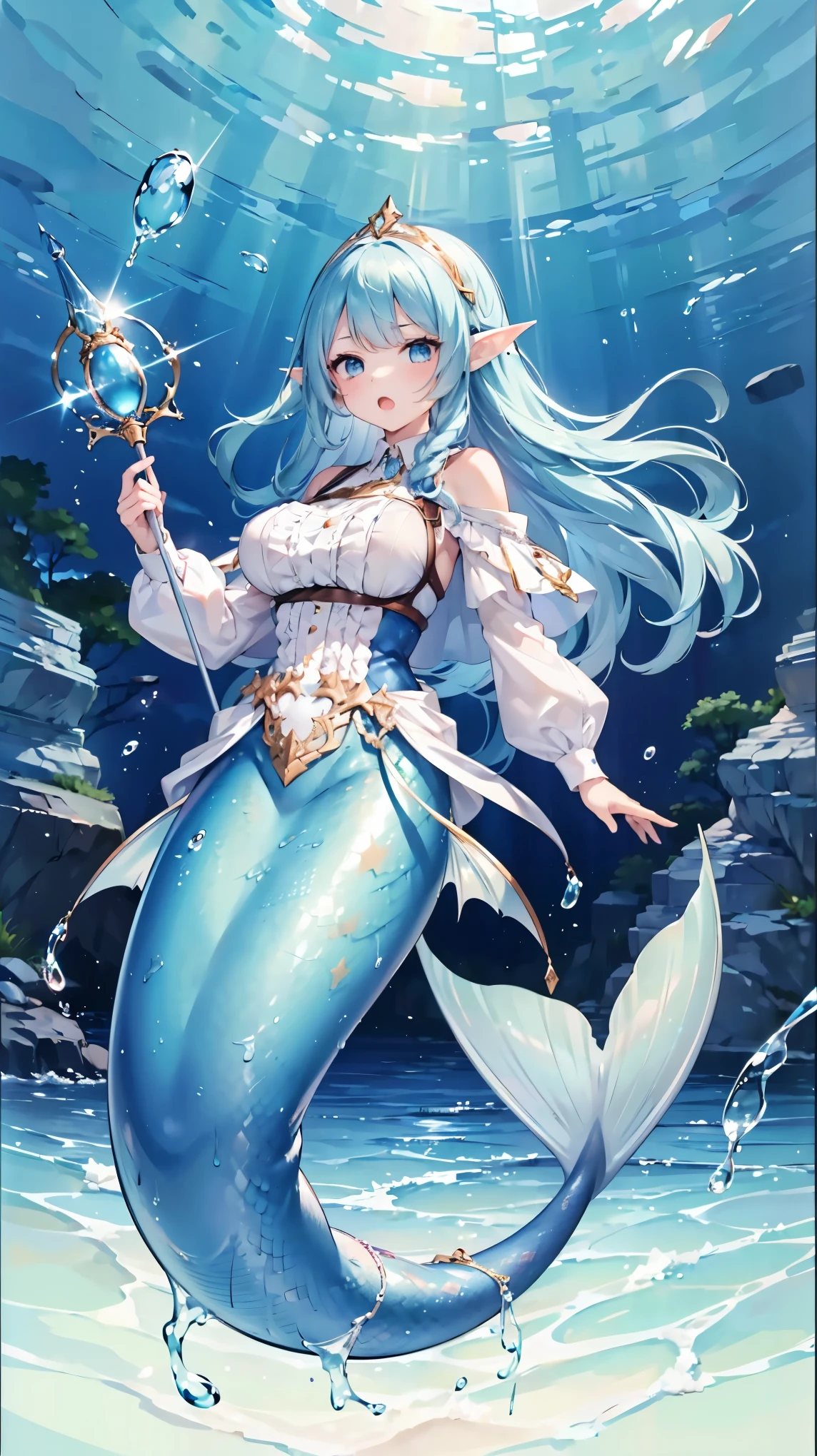 (masterpiece, best quality),(Full fingers),A girl, blue hair ,Elf ears, blue eyes, alone, big breasts ,Mermaid,蓝色的Mermaid尾巴,Full body photo,charming face(Kawaii, charming,Soft),(Underwater:1.2),Open your mouth,Holding a magic wand