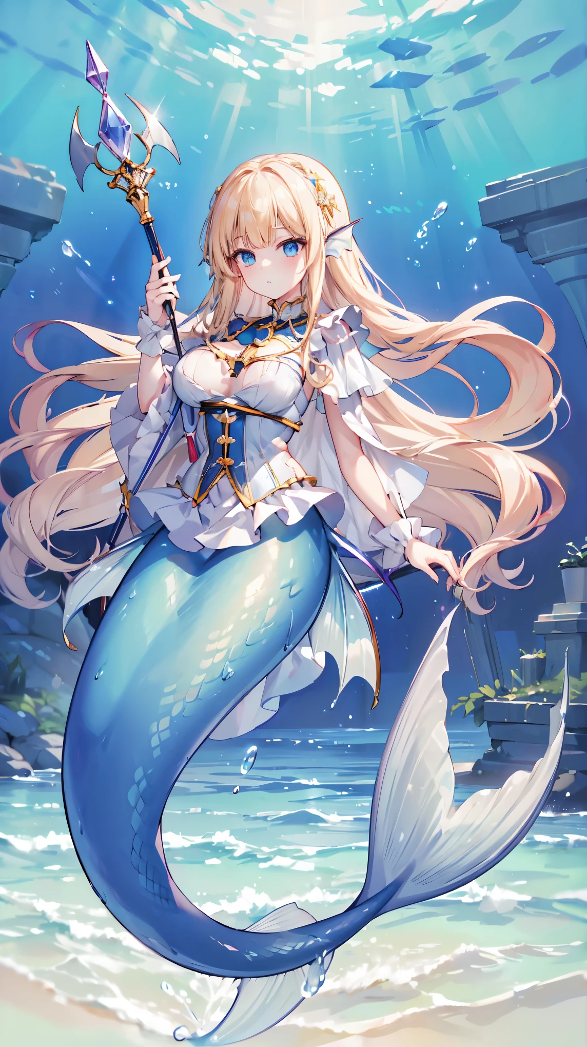 (masterpiece, best quality),(Full fingers),PrincessMia20,A girl, magic maiden ,Head fin, big breasts ,Blue Eyes,blonde,solo,Mermaid,蓝色的Mermaid尾巴,Full body photo,(Underwater:1.2),Holding a magic wand