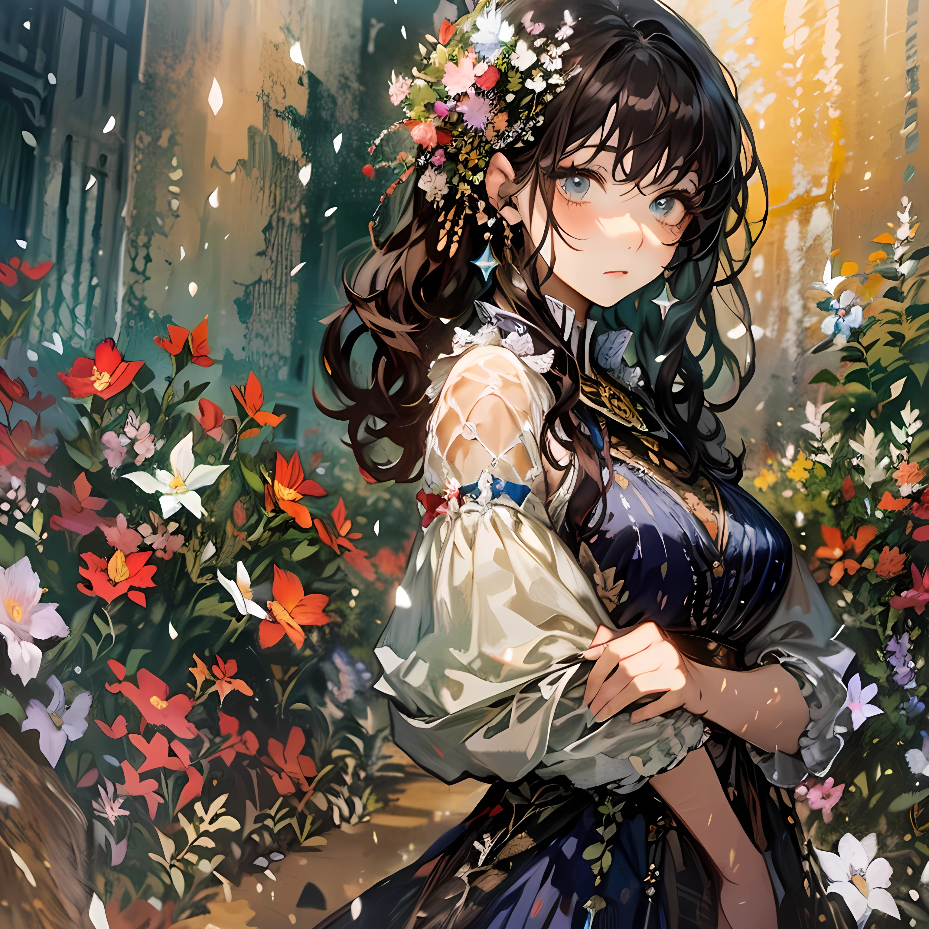 masterpiece, ultra detailed, best quality, an astonished woman standing in front of a large window 、 and the outside light illuminates her expression 。 with a bright garden in the background 、 Colorful Flowers々is in full bloom。The painting style is 、 combines realism and impressionism、 the composition is characteristic with soft brushstrokes and vivid colors 。