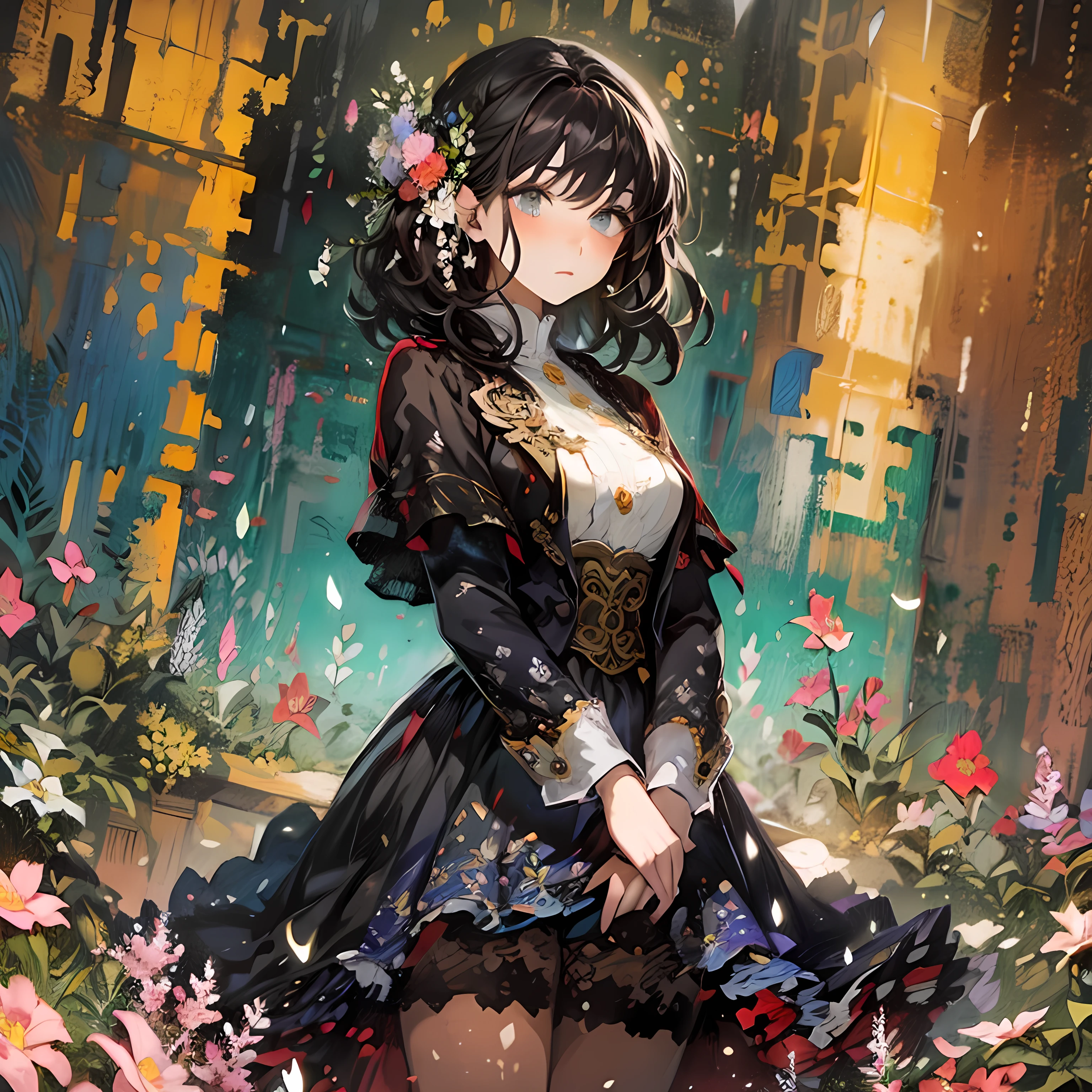 masterpiece, ultra detailed, best quality, an astonished woman standing in front of a large window 、 and the outside light illuminates her expression 。 with a bright garden in the background 、 Colorful Flowers々is in full bloom。The painting style is 、 combines realism and impressionism、 the composition is characteristic with soft brushstrokes and vivid colors 。
