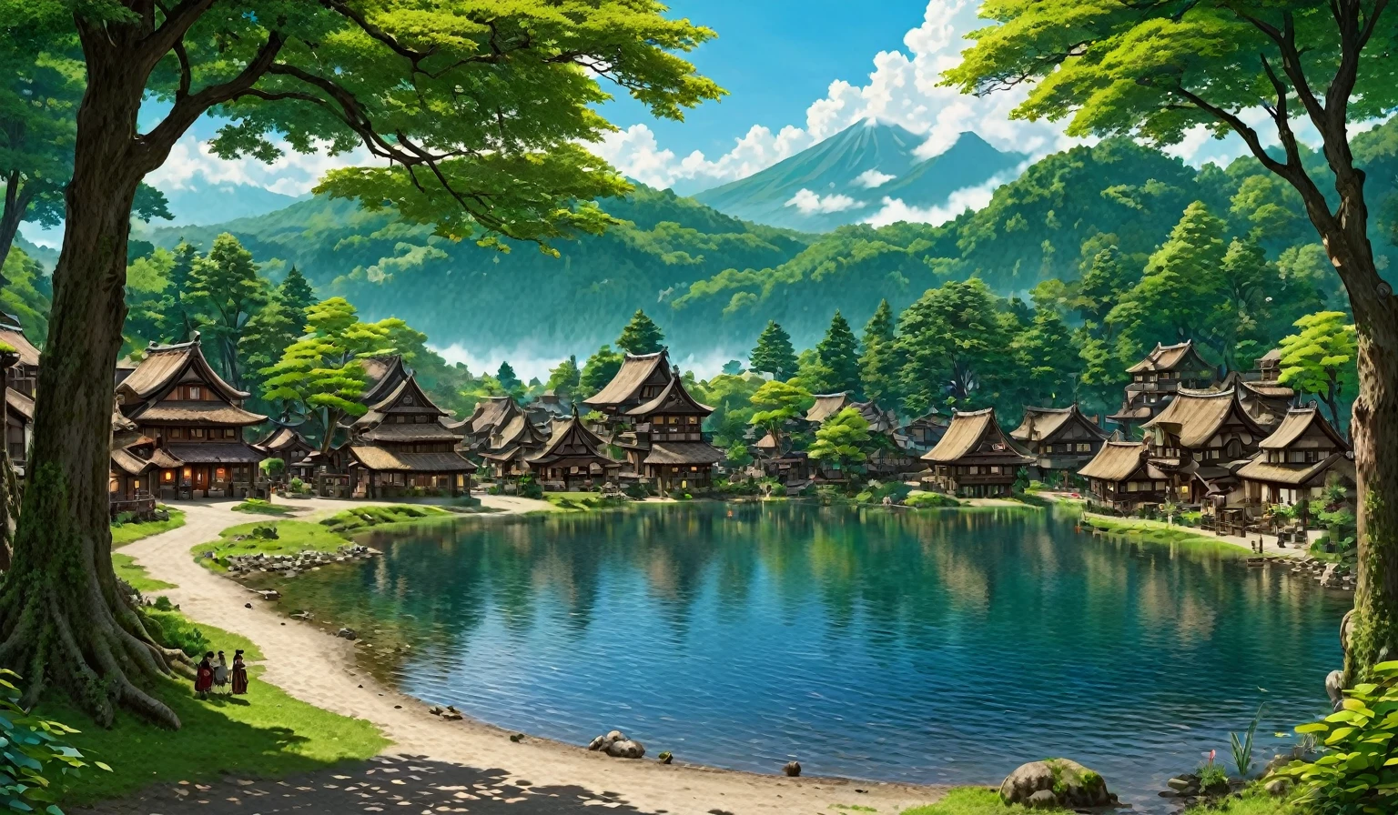 ((hight quality)), ((isekai)), ((fishing village)), ((medieval fantasy)), ((antique village)), ((age-old architecture)), ((huge lake)),((lake shore)), forest, ((large lake)), ((japanese houses)), ((many houses)), ((many shops)), ((adventurers in the streets)), ((fantastic vegetation)), ((fantastic trees)), ((trees from another world)), ((mushrooms shape trees ))