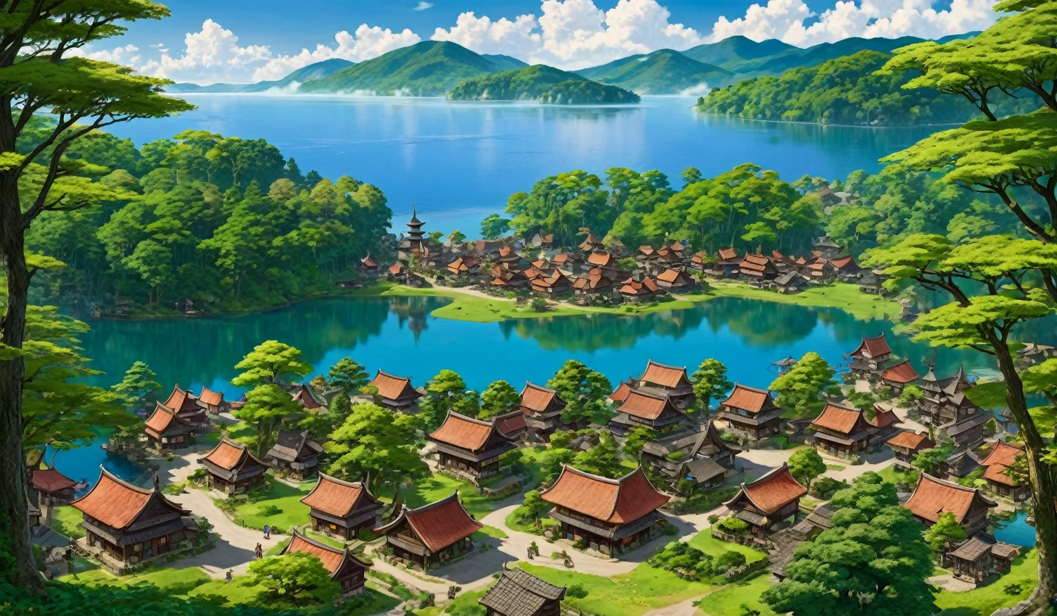 ((hight quality)), ((isekai)), ((fishing village)), ((medieval fantasy)), ((antique village)), ((age-old architecture)), ((huge lake)),((lake shore)), forest, ((large lake)), ((japanese houses)), ((many houses)), ((many shops)), ((adventurers in the streets)), ((fantastic vegetation)), ((fantastic trees)), ((trees from another world)), ((mushrooms shape trees ))