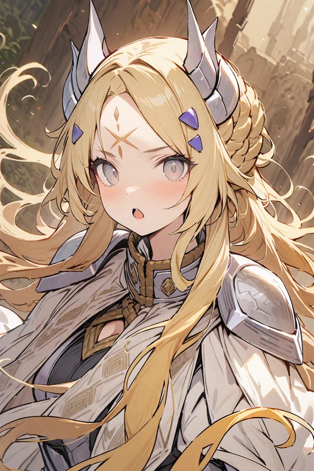 masterpiece,extremely delicate,(best quality:1.1),ecclesia, 1girl, forehead mark, blonde hair, facial mark, grey eyes, armor, solo, long hair, cape, white cloak, white cape, open mouth, horns, looking at viewer, shoulder armor, hair ornament, 