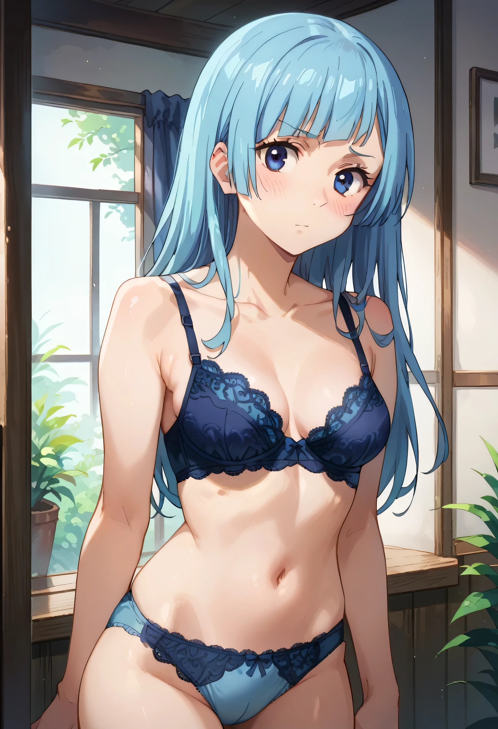 score_9,score_8_up,score_7_up, kasumi miwa, blue hair, medium breasts, 20-year-old, blue lace bra, blue lace lingerie, blue lace panties, standing, looking at viewer, blush.
