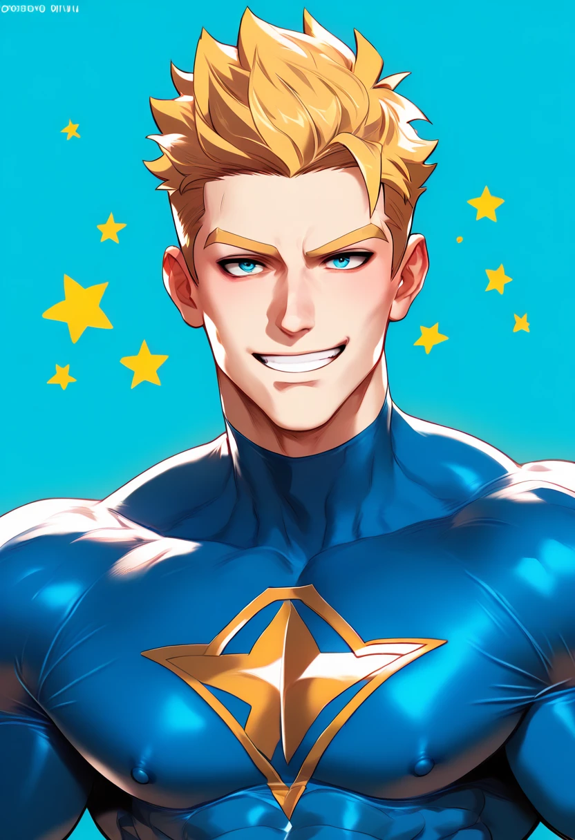 All Might is a tall, muscular man with short, spiky blond hair. He wears a blue superhero costume with a white stripe across his chest and gold stars on his shoulders. He also wears a mask that covers most of his face, leaving only his eyes and mouth visible. His eyes glow with an intense blue glow and he has a confident smile on his face, 8k high definition