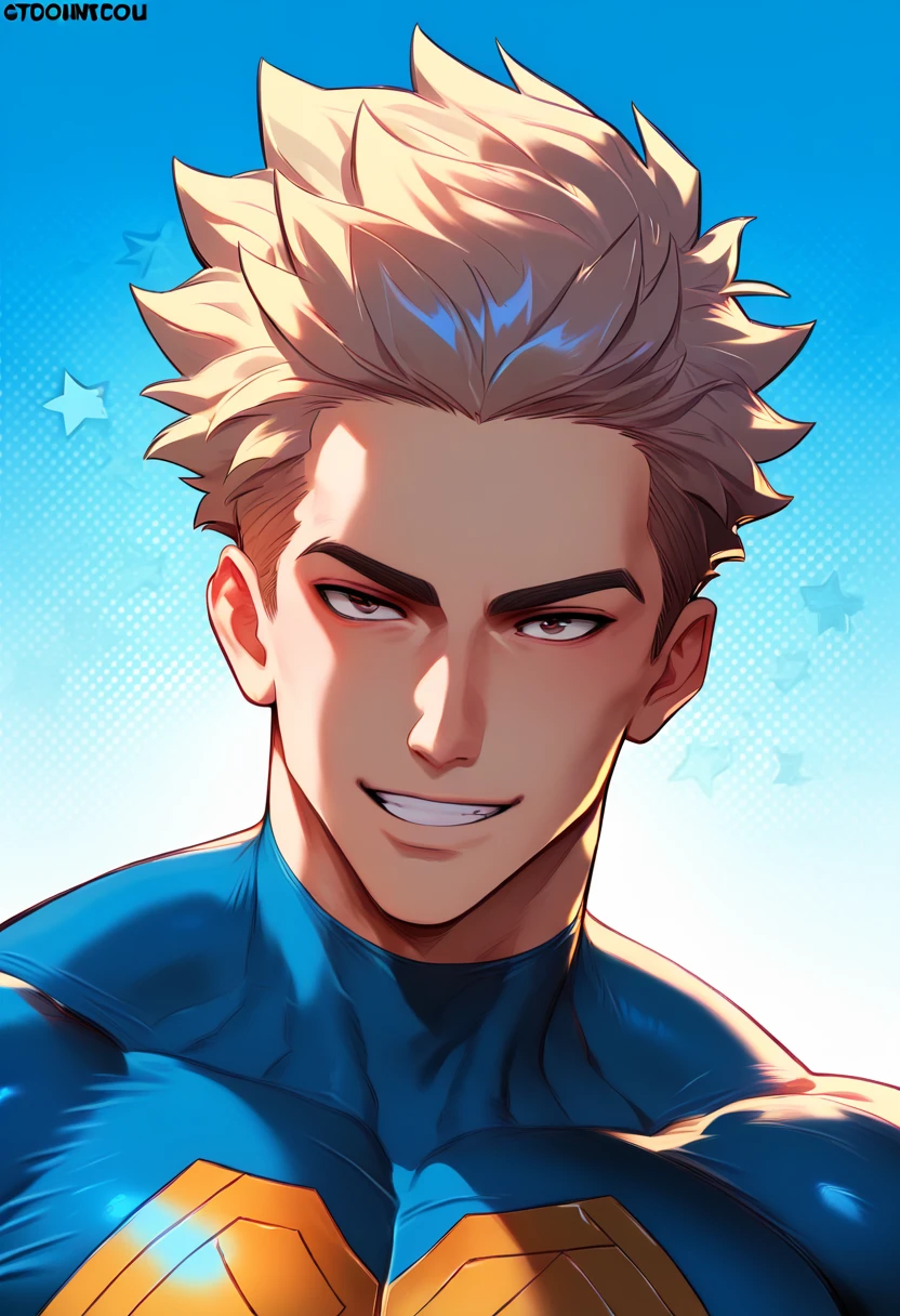 All Might is a tall, muscular man with short, spiky blond hair. He wears a blue superhero costume with a white stripe across his chest and gold stars on his shoulders. He also wears a mask that covers most of his face, leaving only his eyes and mouth visible. His eyes glow with an intense blue glow and he has a confident smile on his face, 8k high definition