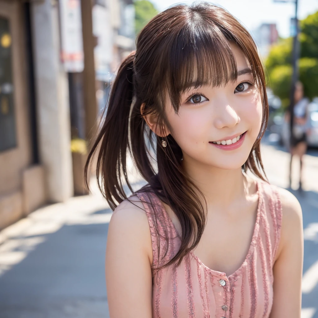  full-body photograph of a Japanese girl taken on a summer street . She is 29 years old and 、 is known as a member of Japanese idol Nogizaka46、Smiling faintly。. ( documentary photo style ,  digital photography medium ,  Natural Light, High picture angle)