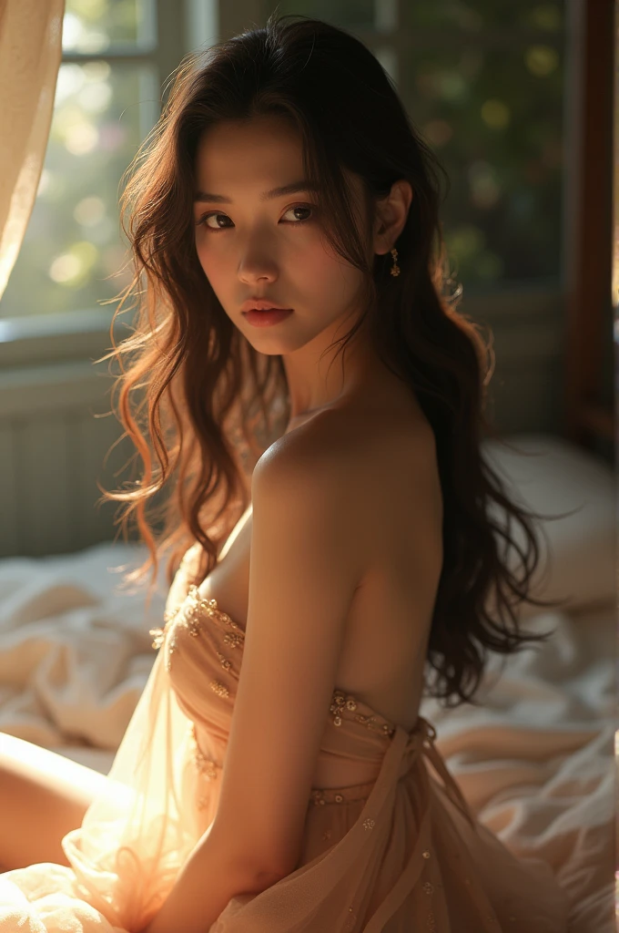 (Photoreal Stick:1.5, masutepiece:1.5, 8K, RAW shooting), (top-quality, masterpiece, 超A high resolution), Perfect dynamic composition:1.3, Professional camera work:1.4, Highly detailed skin and facial texture:1.3, Mystical portrait, Grow Light Effect, The ultra-detailliert, 1girl in, (Shoot with blur:1.3, fog the lens:1.3), ((On the rooftop, the morning sun, Intense sunlight:1.4, Sunlight pouring down from above:1.4, Strong sunlight spreads across the screen:1.4)), (thin satin fabricVNeck dress), Model body type, Clear face, (Eyes that feel beautiful eros:0.9, Enraptured look:1.0, i love you completely:0.8, slightly open mouth, A mouthfeel that feels beautiful eros:0.7), (Dark brown medium hair, the hair flutters with the wind), the chest is medium, a necklace), (leaning, Sit up), ((seductiv, Bewitching, low angles))