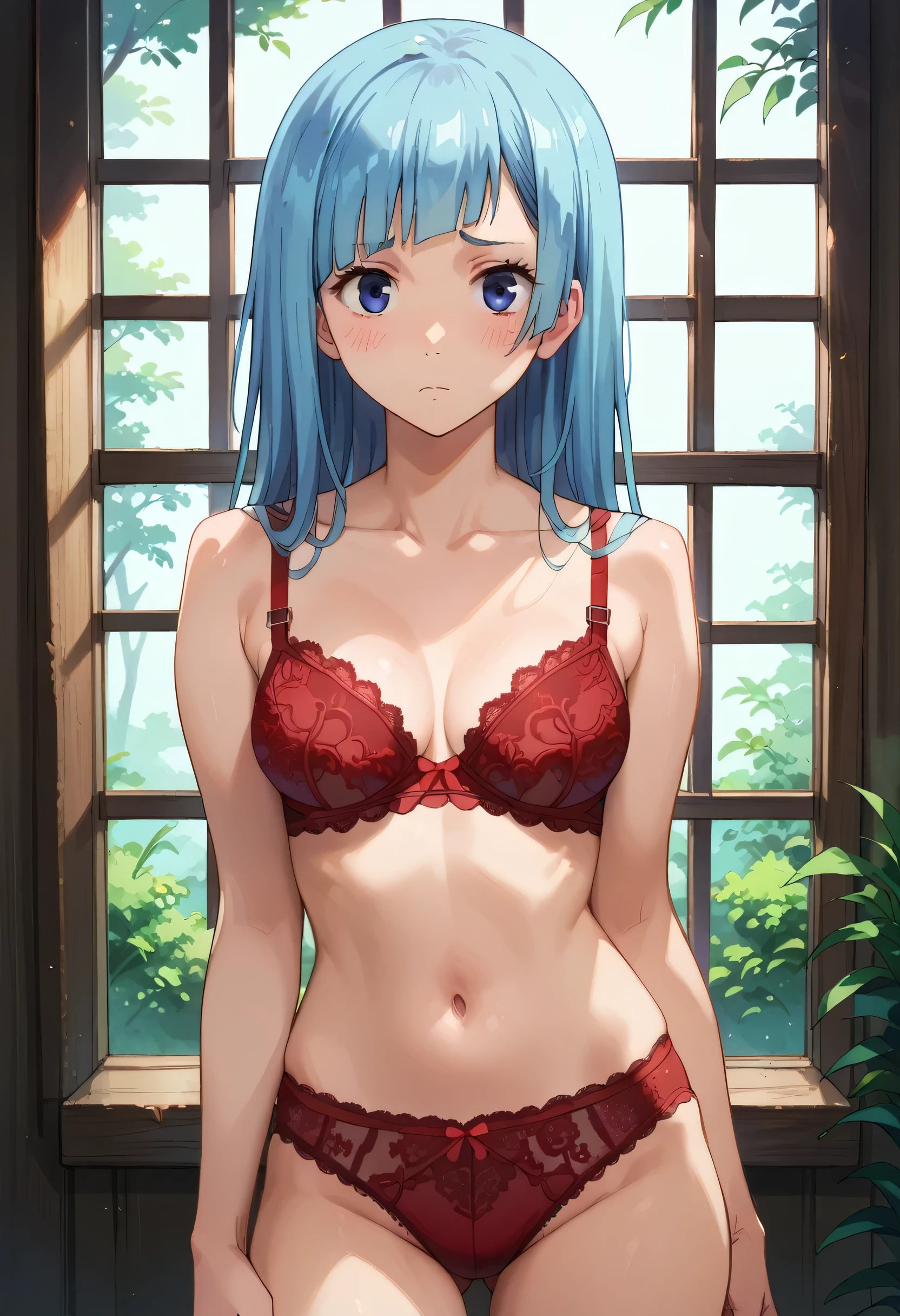 score_9,score_8_up,score_7_up, kasumi miwa, blue hair, medium breasts, 20-year-old, red lace bra, red lace lingerie, red lace panties, standing, looking at viewer, blush.