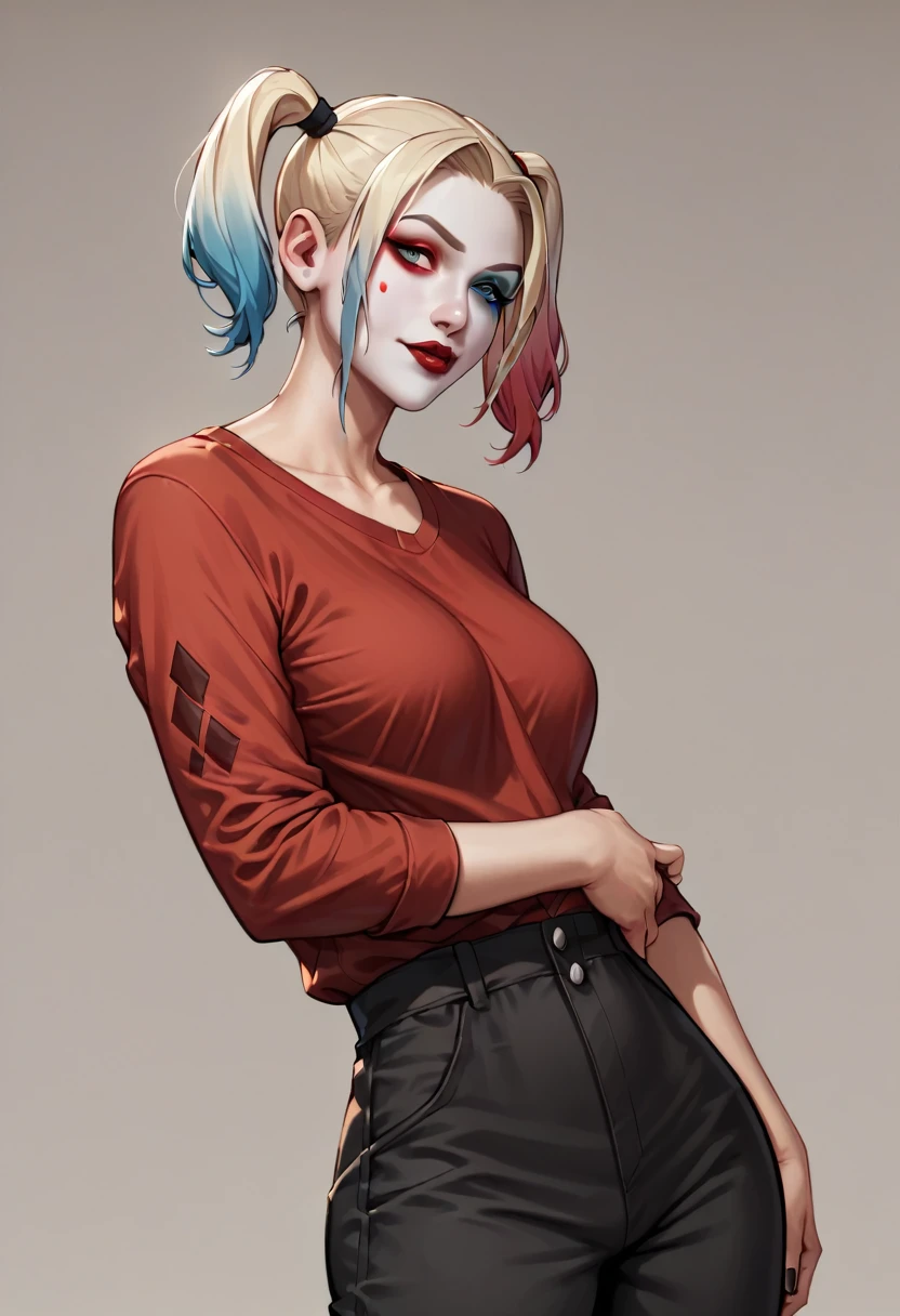 Adapting Harley Quinn to the Hellsing universe, her appearance would be a little different from what we are used to seeing. She would probably have a darker and more gothic appearance, with dark clothes and blood red details, high definition 8k