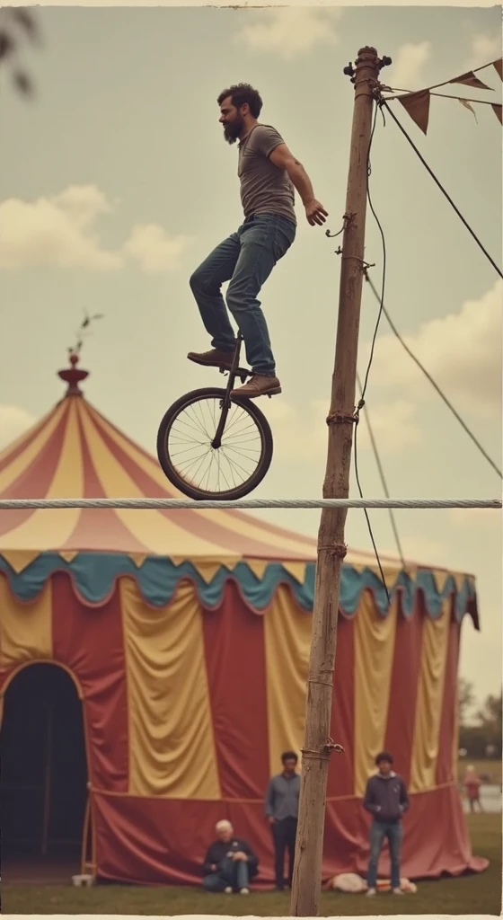 a performer is riding a unicycle on a unicycle on a clothesline while balancing with a long pole, circus tent interior, vintage photo, plaubel makina 67, kodak ektar