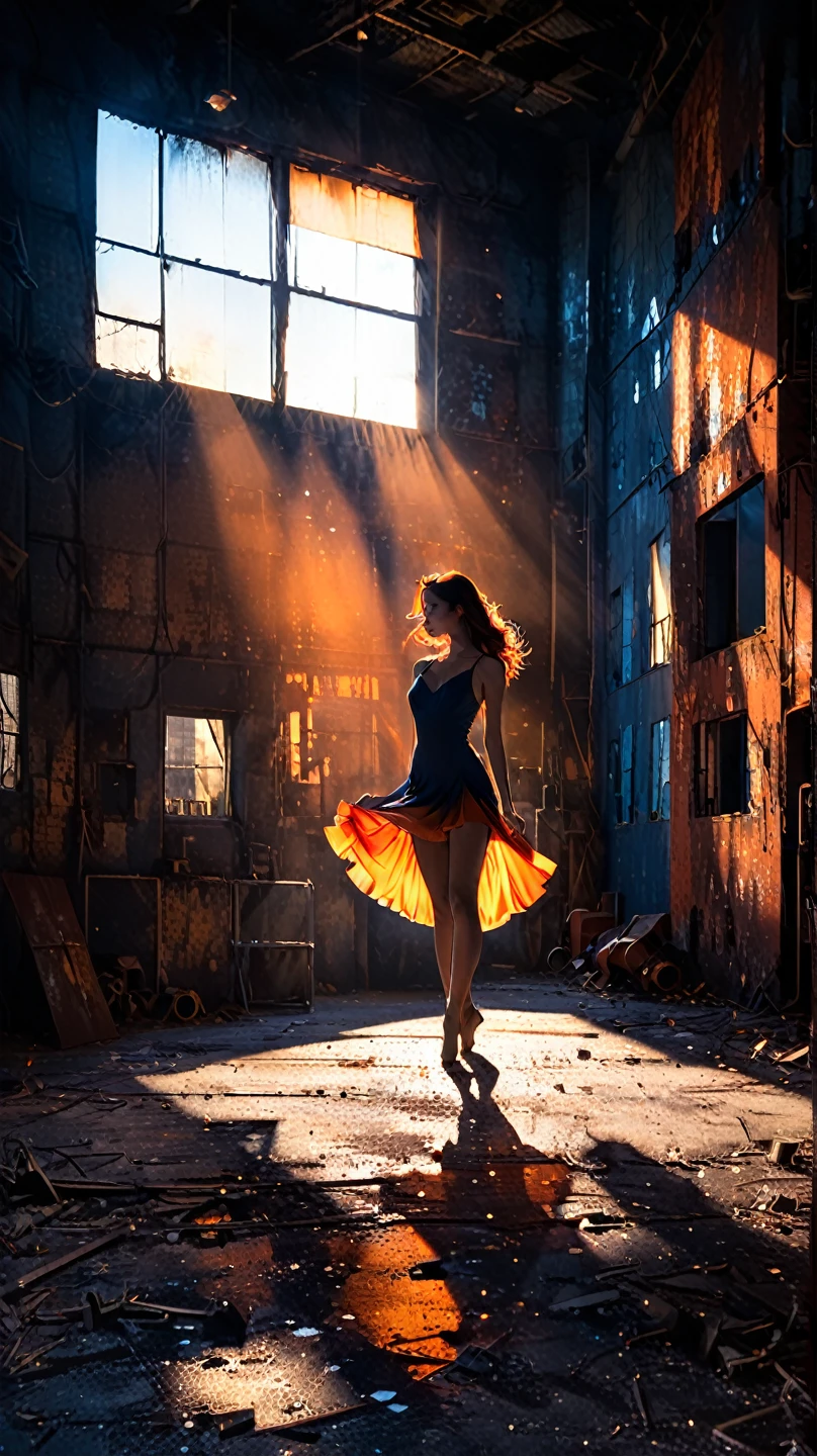 Minimalistic style photo, A solitary latin dancer in tight dress, is illuminated by a single spotlight sunset window in a vast, abandoned factory with parts of giant robot. The dramatic contrast between the deep blue hues of the industrial setting and the fiery orange glow of the window creates a sense of ethereal power. Long, dramatic shadows stretch across the floor, emphasizing the dancer's graceful form and the vastness of the space.